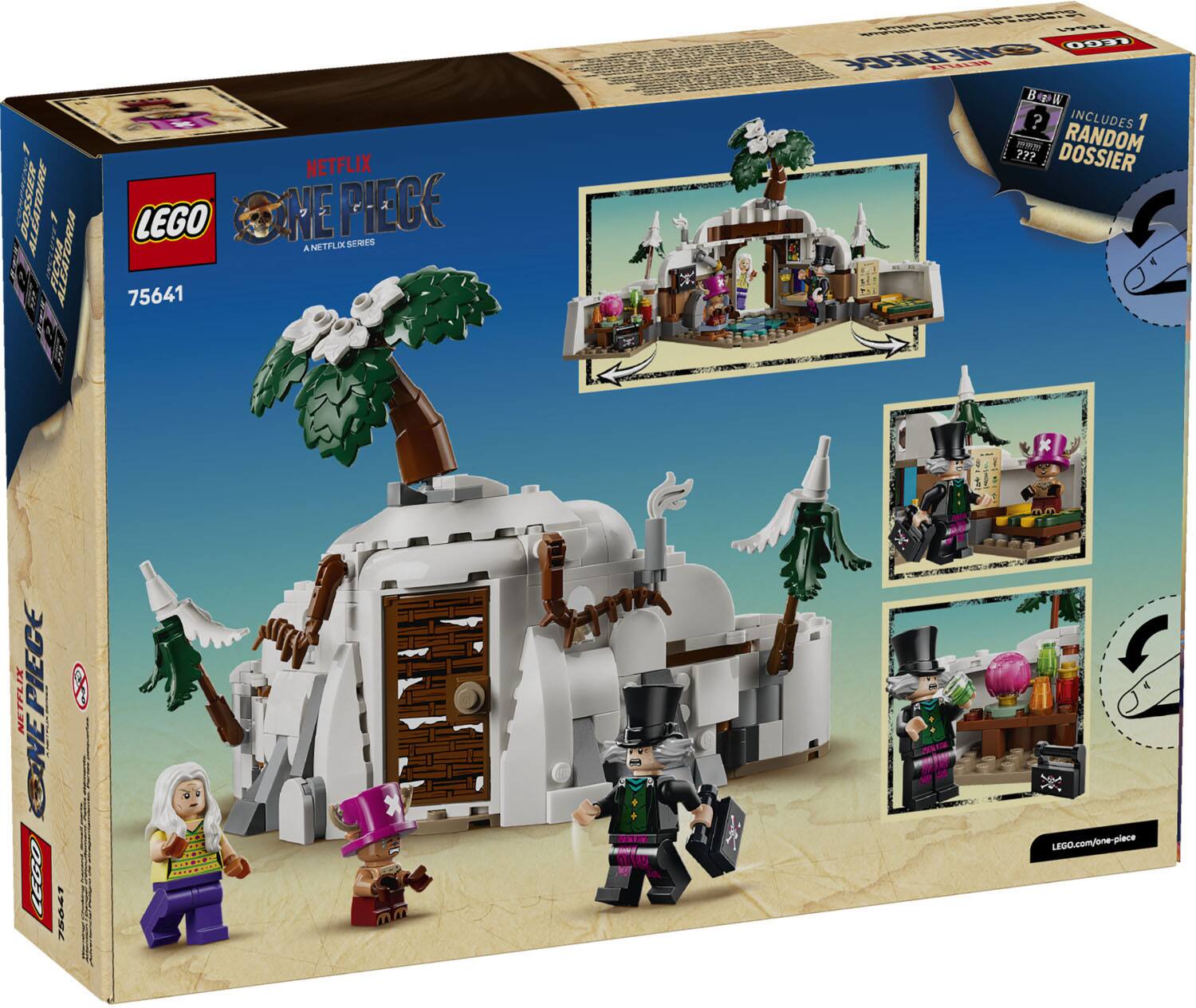 DOSSIER ALEATOIRE FENS ALLATORIA  
NETFLIX LEGO CNE PIECE A NETFLIX SERIES 75641  
2 n - VESE TEDO OHENIEGE CHL  
B ?  
INCLUDES 1 RANDOM DOSSIER  
LEGO.com/one-piece