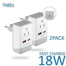 Ceptics - European Travel Adapter | Type C - USB-A & USB-C Ports + 2 USA Outlet (AP-9C-2PK) - White Gray