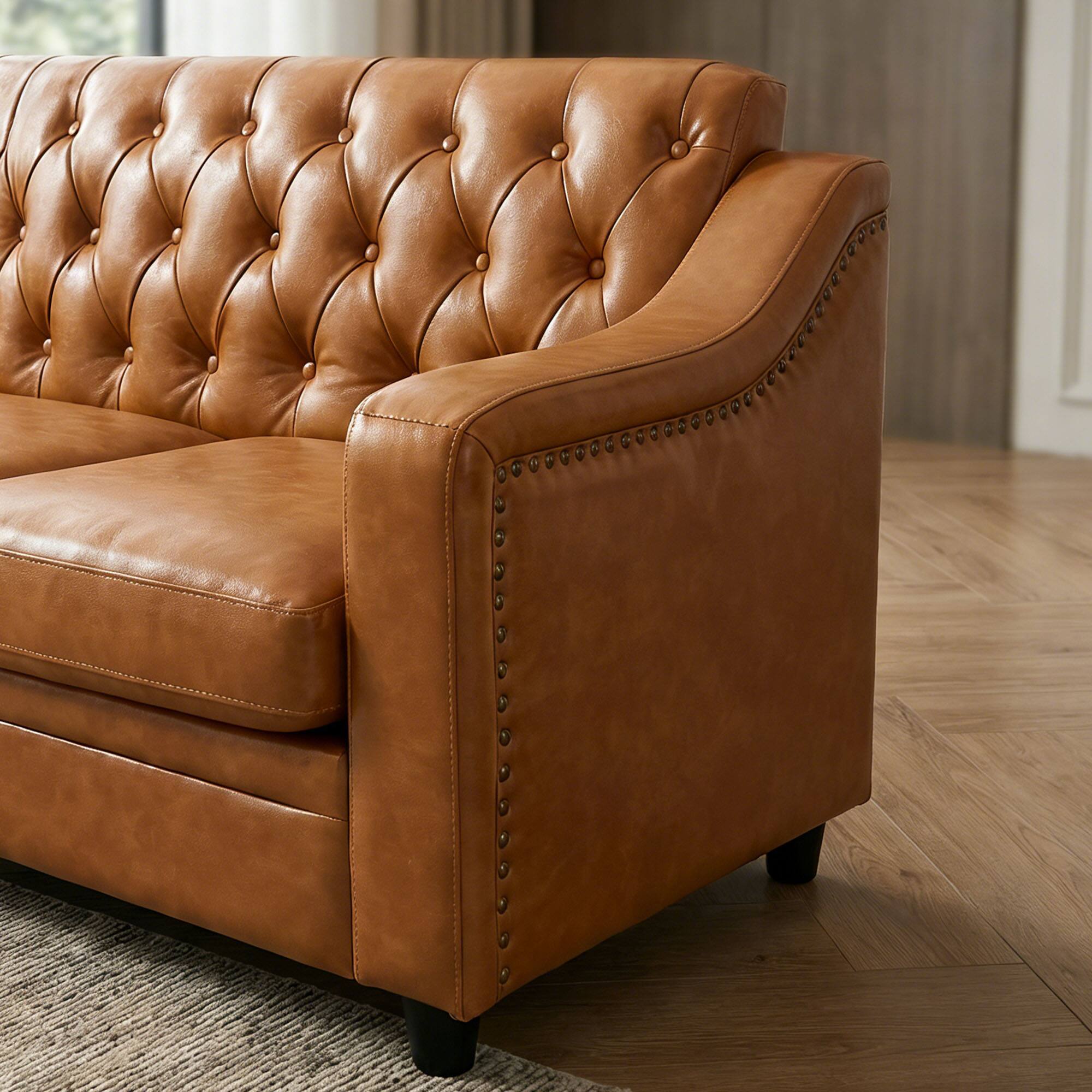 Alt View 2. Dyonery - 78.7" Three Seater Sofa, Chesterfield Sofa, Mid-Century Modern PU Upholstered, Deep Button Tufted Sofa,Red Brown - Brown.