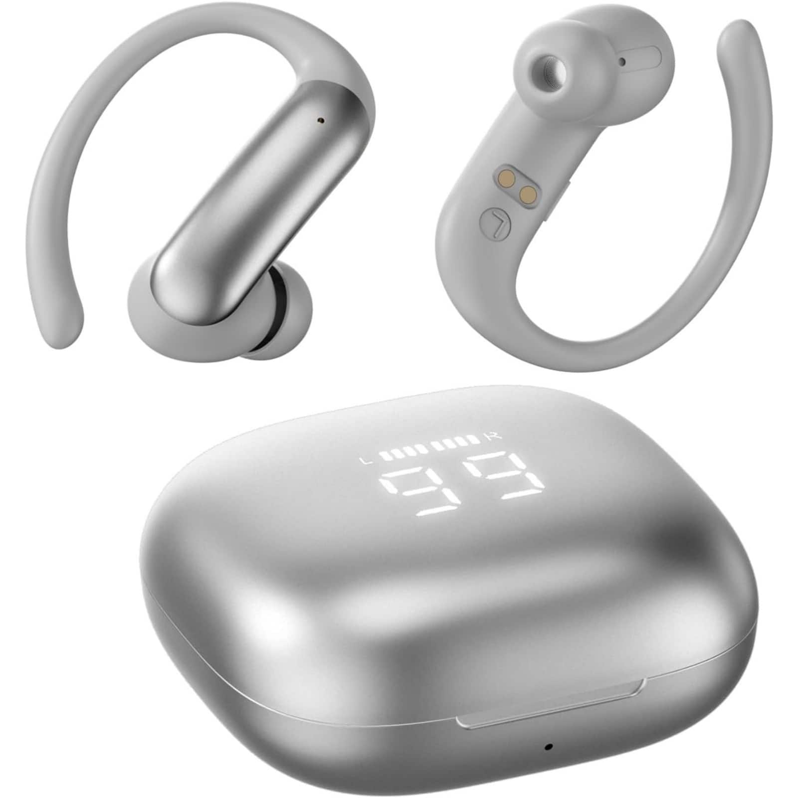 RISOKEYS - Wireless Bluetooth Headphones w/ Long Battery Life, Voice Control & Digital Display for Gym, Running, Travel  - Silvery