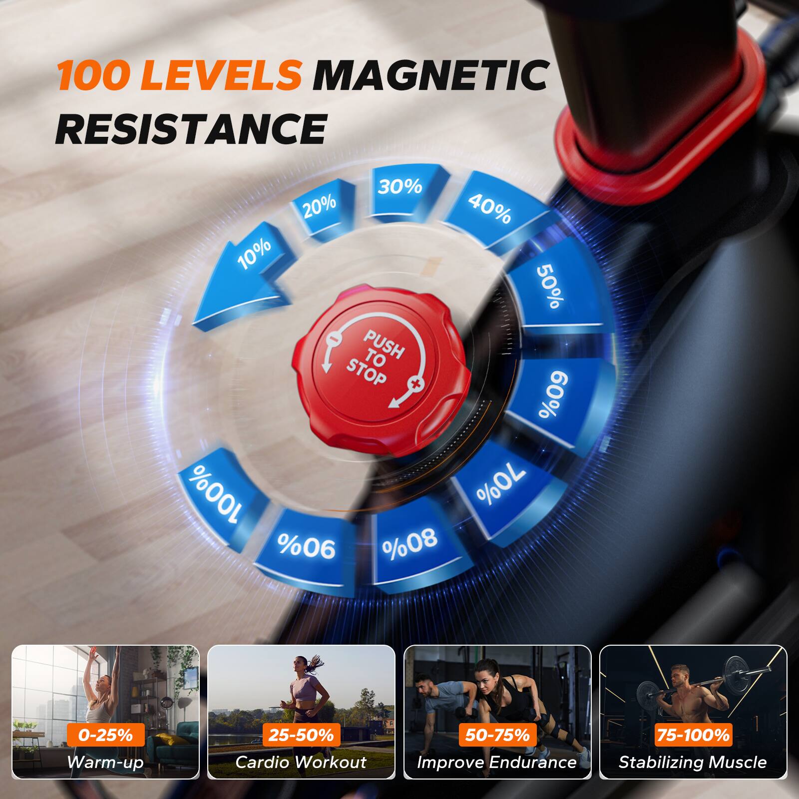 100 LEVELS MAGNETIC RESISTANCE

- 10%
- 20%
- 30%
- 40%
- 50%
- 60%
- 70%
- 80%
- 90%
- 100%

PUSH TO STOP

- 0-25% Warm-up
- 25-50% Cardio Workout
- 50-75% Improve Endurance
- 75-100% Stabilizing Muscle