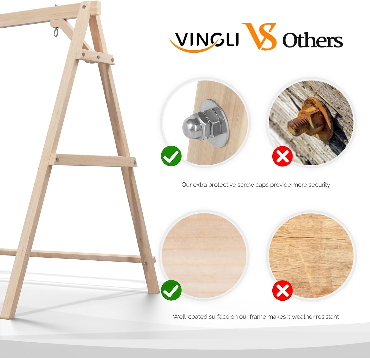 VINGLI VS Others

- Our extra protective screw caps provide more security
- Well-coated surface on our frame makes it weather resistant