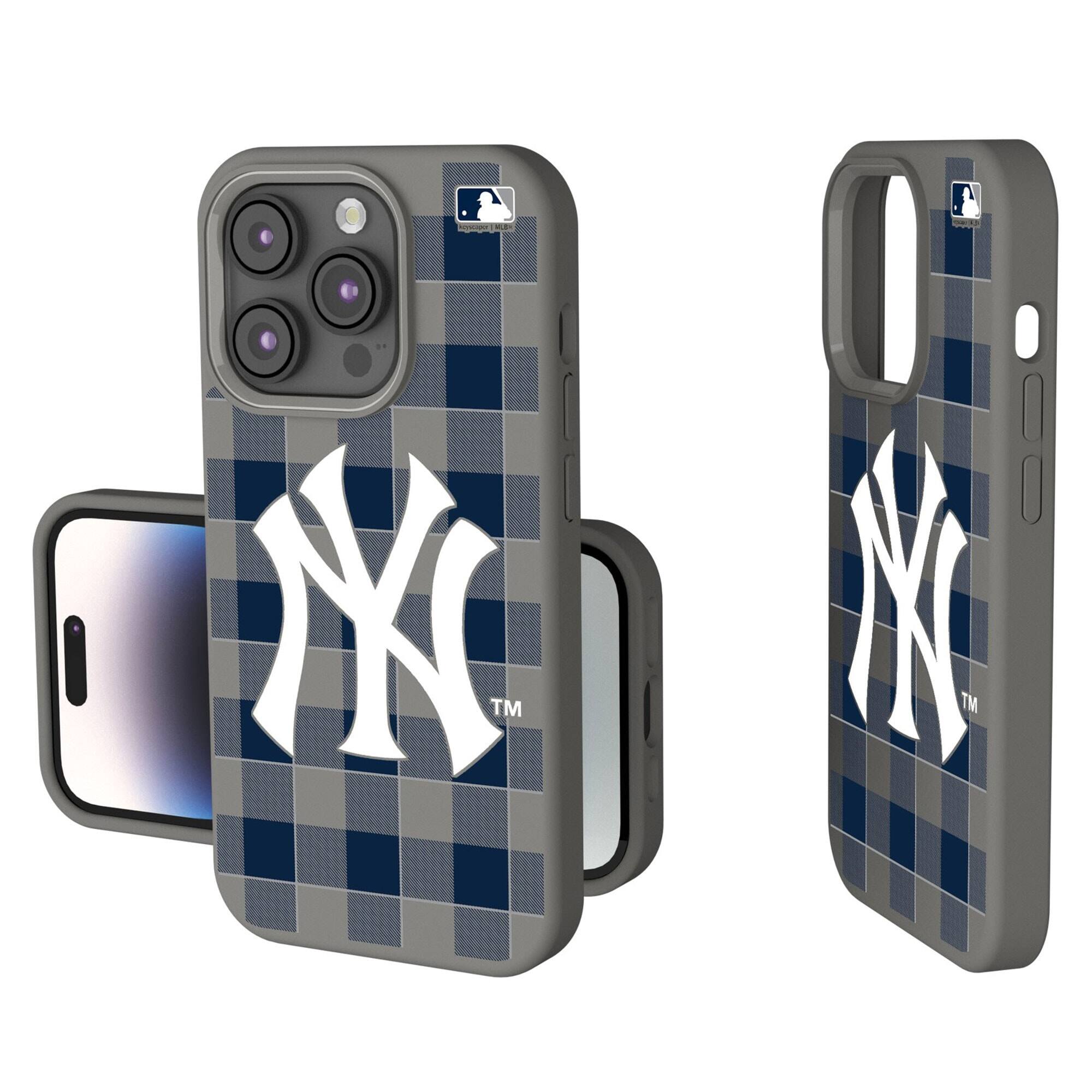 Front. Keyscaper - New York Yankees Plaid Soft Touch iPhone Case - 15 Plus - Gray.