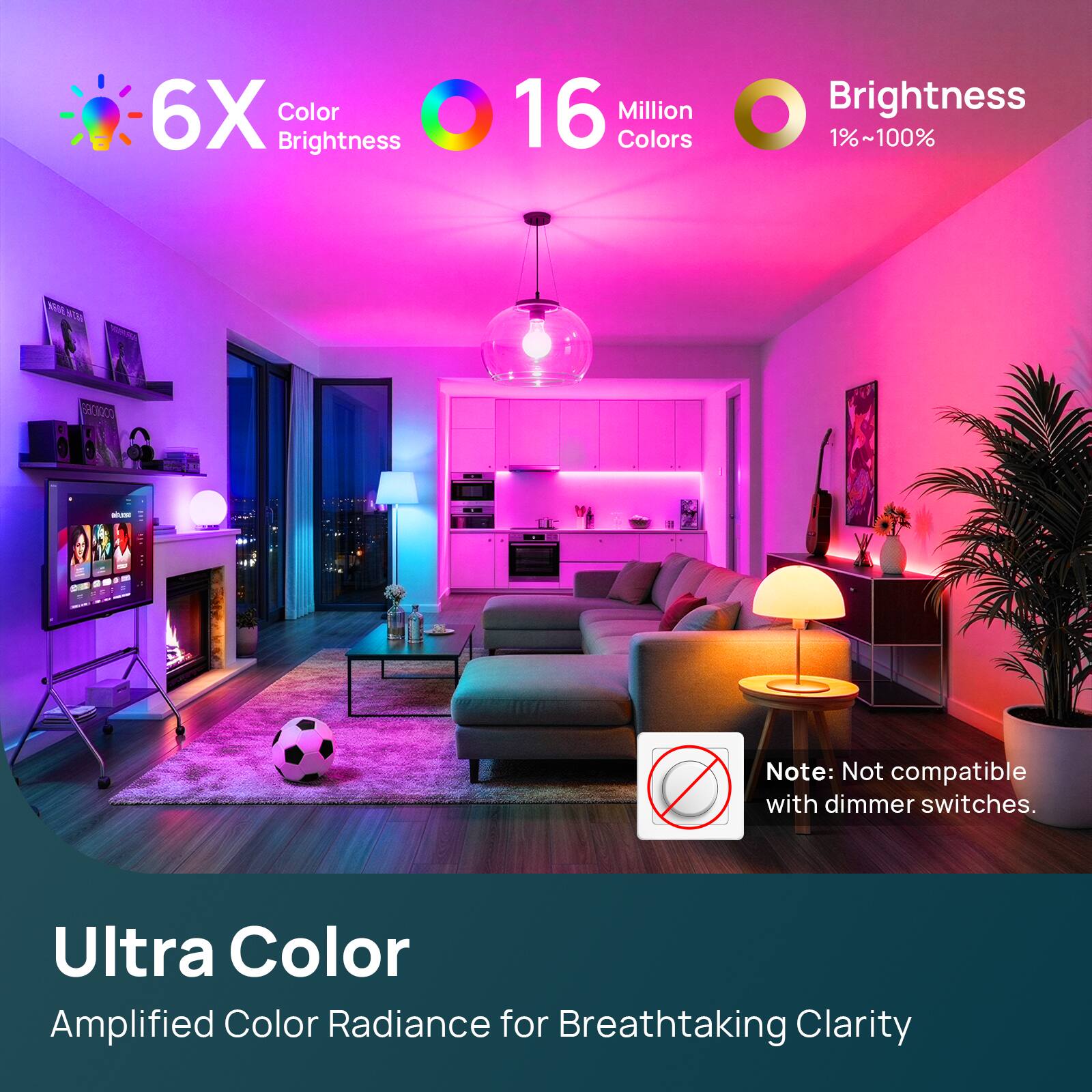 6X Color Brightness  
16 Million Colors  
Brightness 1%~100%  
NEGEN 120%  
GACHACO  
SOLOR  

Note: Not compatible with dimmer switches.  

Ultra Color  
Amplified Color Radiance for Breathtaking Clarity