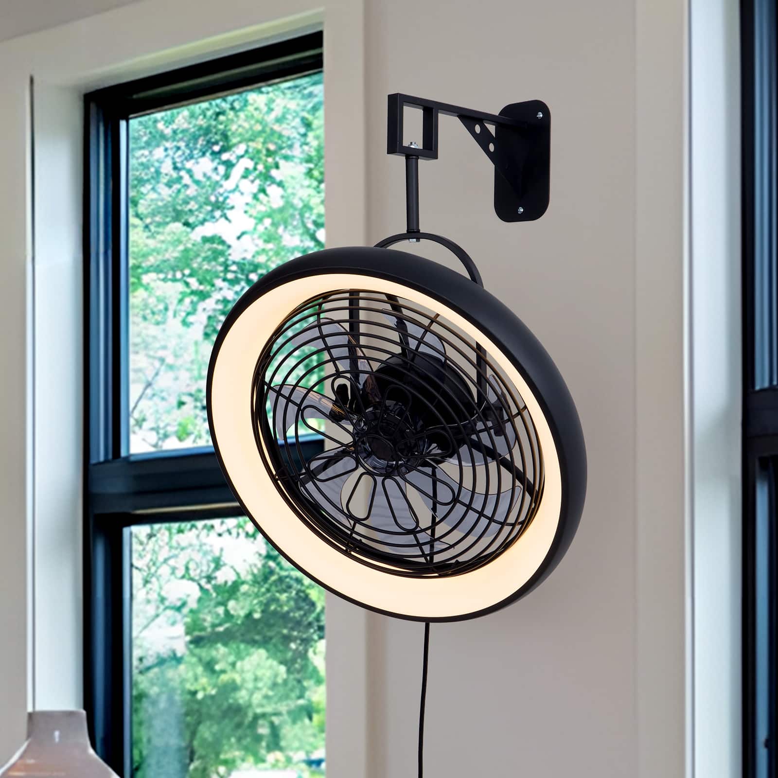 Siljoy - 20 In Modern Wall Mounted Fan Light with LED Lights for Bedroom Living Room Office and Covered Patio - Black