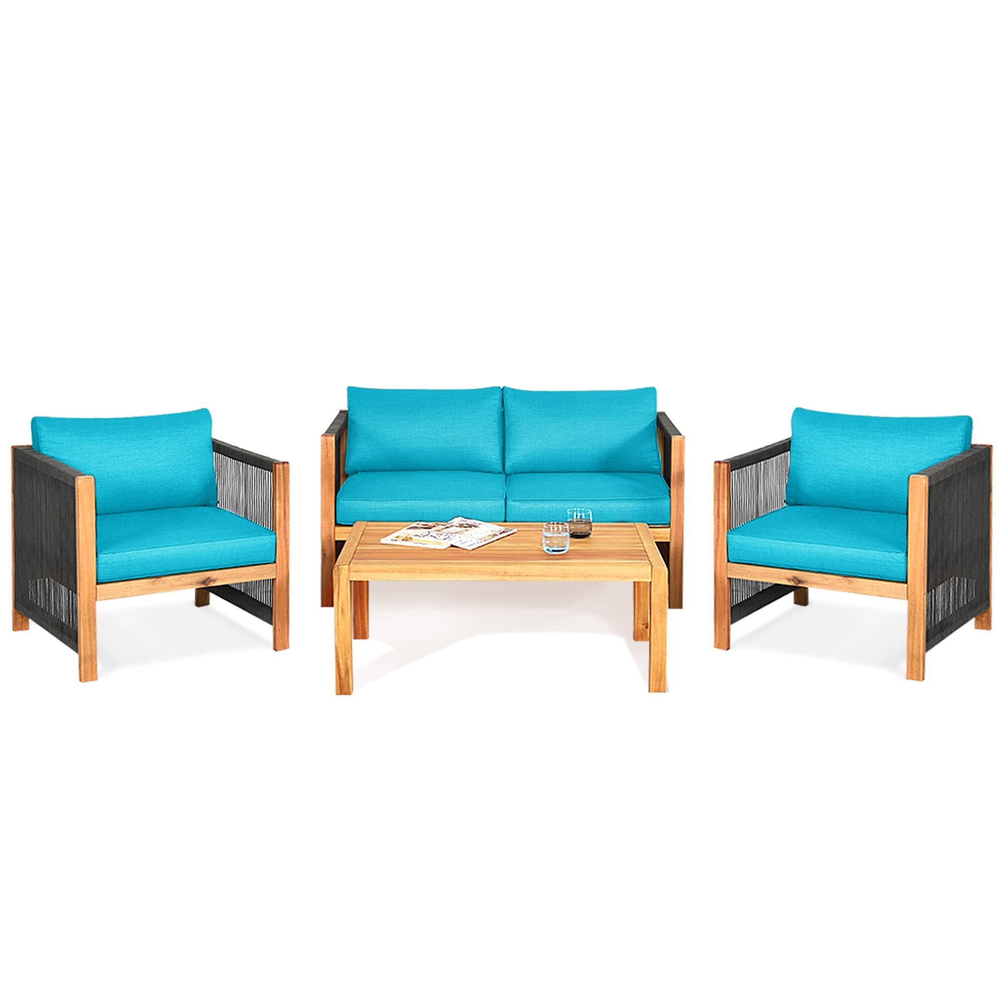 Alt View 4. Gymax - Gymax 4PCS Acacia Wood Outdoor Patio Furniture Conversation Set W/ Turquoise Cushions - turquoise.