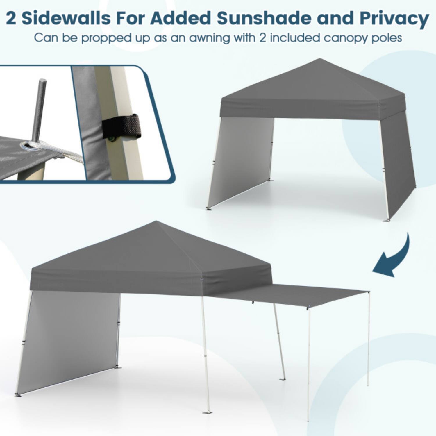 2 Sidewalls For Added Sunshade and Privacy  
Can be propped up as an awning with 2 included canopy poles