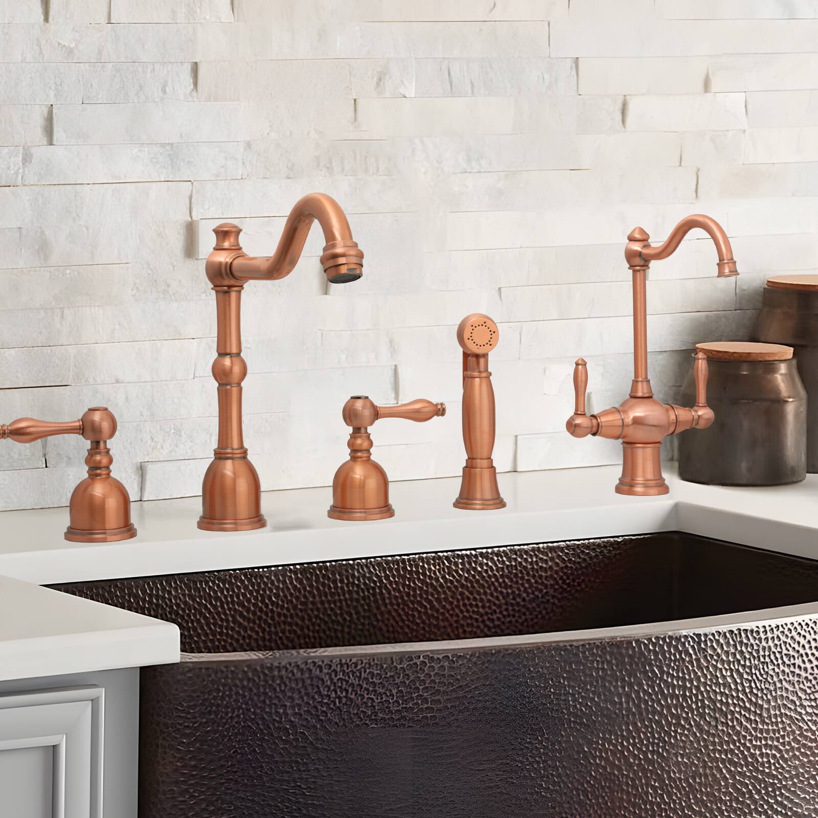 Alt View 7. Akicon - Akicon Solid Brass Two-Handles Widespread Kitchen Drinking Water Filter Faucet, Dual Lever Hot and Cold Water in Copper - Copper.