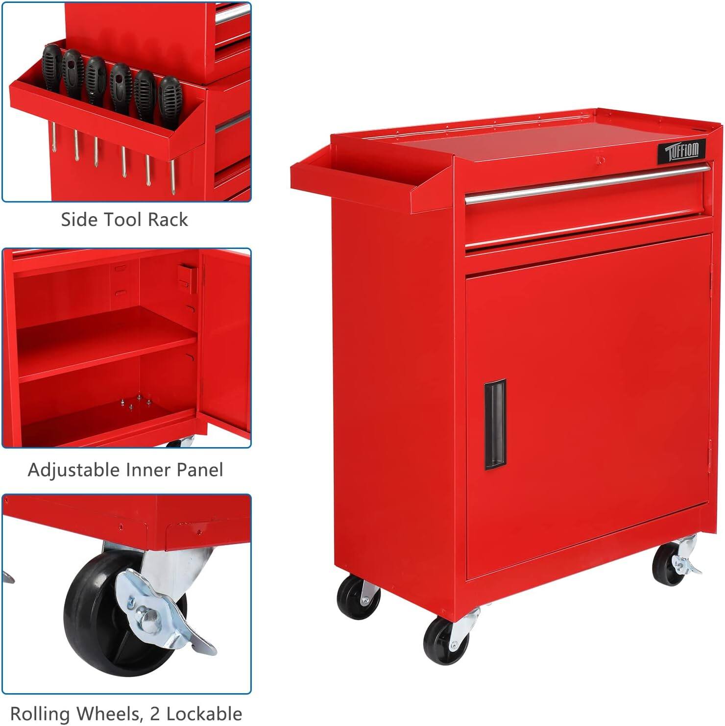 - Side Tool Rack
- Adjustable Inner Panel
- Rolling Wheels, 2 Lockable
