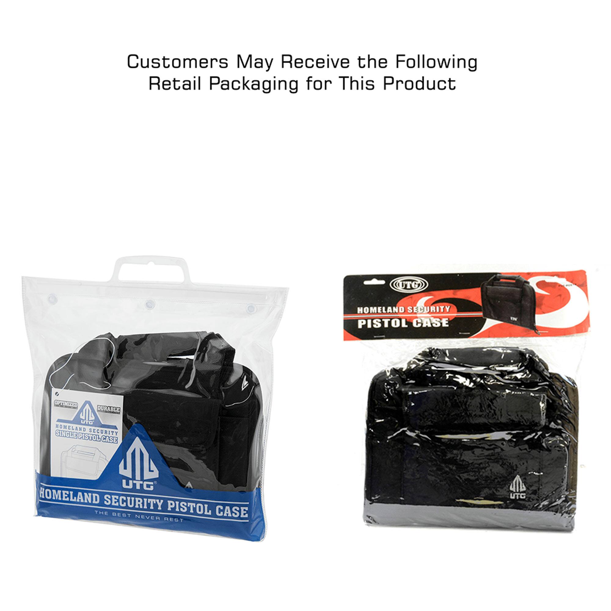 Customers May Receive the Following Retail Packaging for This Product

UTO HOMELAND SECURITY PISTOL CASE

SUTIMUE OURARLE DUR UTU ROMELAND SECURITY SINGLER STOL CASE

UTG A HOMELAND SECURITY T.E DEBT PISTOL CASE

NEVER REST UTC