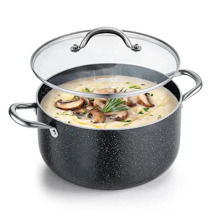 Front. VEVOR - Aluminum Stock Pot, 8-Quart Nonstick Ceramic Coated Pot with Glass Lid, PFOA-Free, PFAS-Free, Compatible with Gas Stoves - Black.