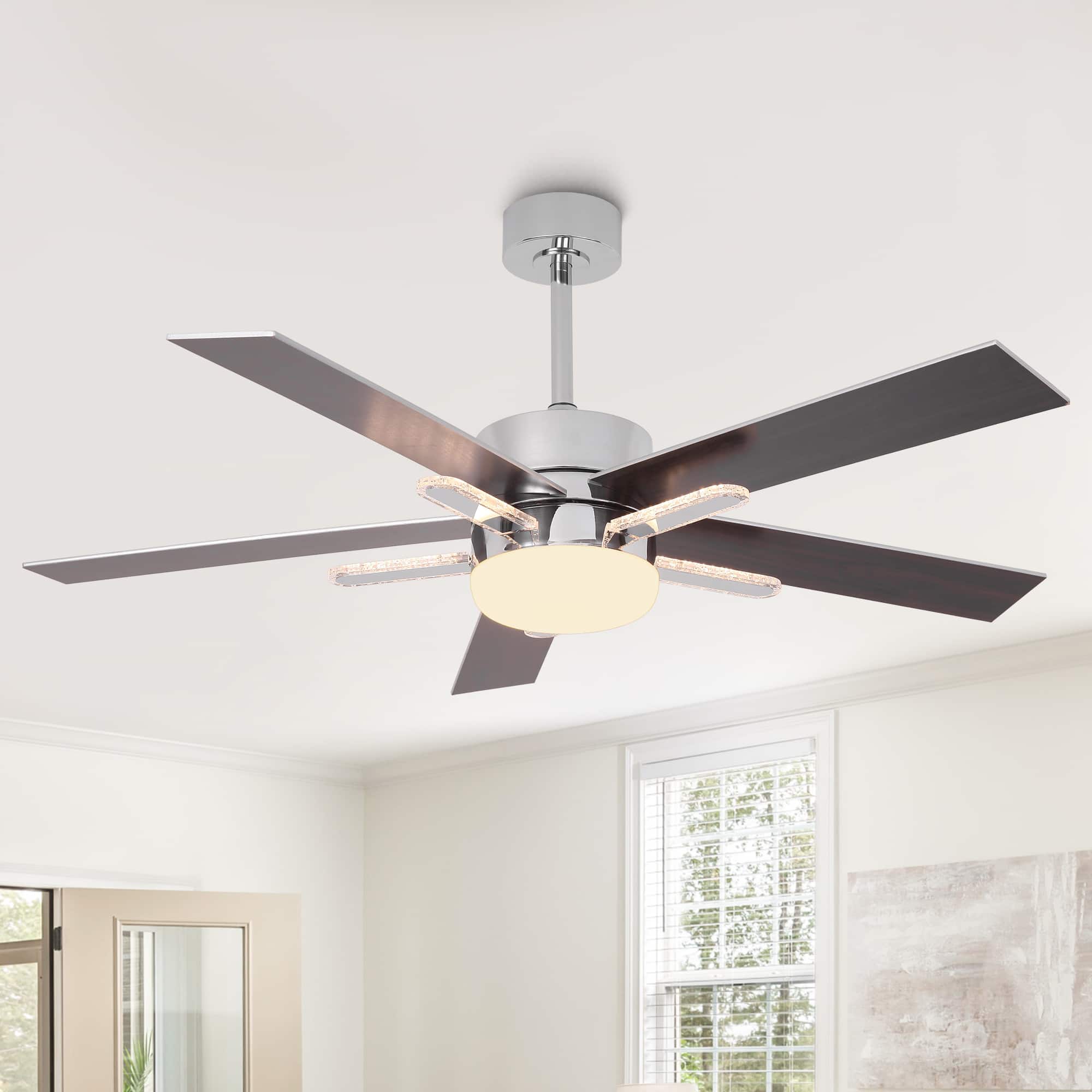 Front. Parrot Uncle - 52" Chrome Modern 3CCT Integrated LED Ceiling Fan with 5 Acrylic Bars and Remote - Chrome.