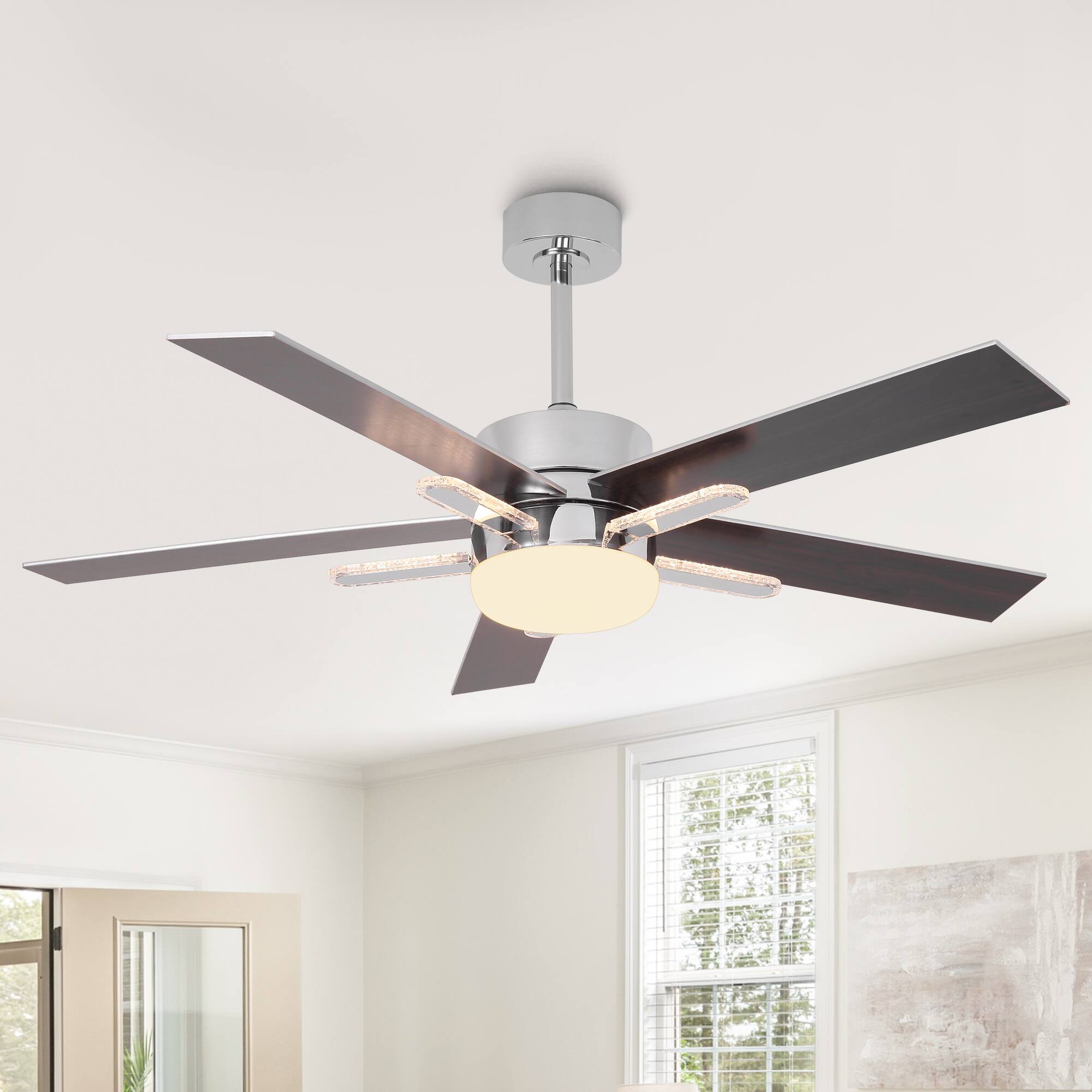 Front. Parrot Uncle - 52" Chrome Modern 3CCT Integrated LED Ceiling Fan with 5 Acrylic Bars and Remote - Chrome.