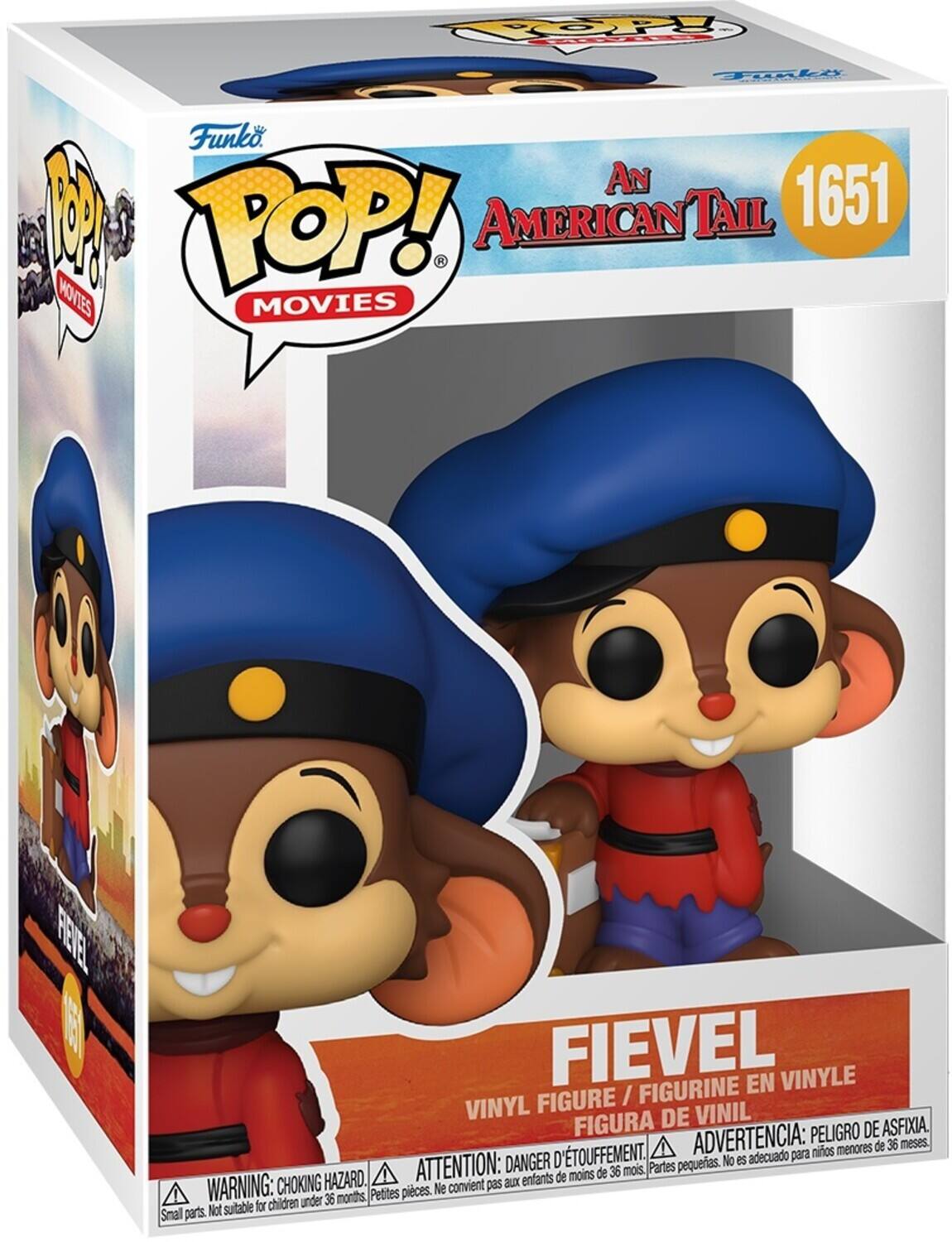 Sure, here is the corrected and grouped text from the image:

---

**Funko POP! MOVIES**

**An American Tail**

**1651**

**FIEVEL**

VINYL FIGURE / FIGURINE EN VINYLE / FIGURA DE VINIL

**WARNING: CHOKING HAZARD.** Small parts. Not suitable for children under 36 months.

**ATTENTION: DANGER D'ÉTOUFFEMENT.** Petites pièces. Ne convient pas aux enfants de moins de 36 mois.

**ADVERTENCIA: PELIGRO DE ASFIXIA.** Partes pequeñas. No es adecuado para niños menores de 36 meses.

---

This text is organized to reflect the information on the packaging, including the brand, series, character, and safety warnings.