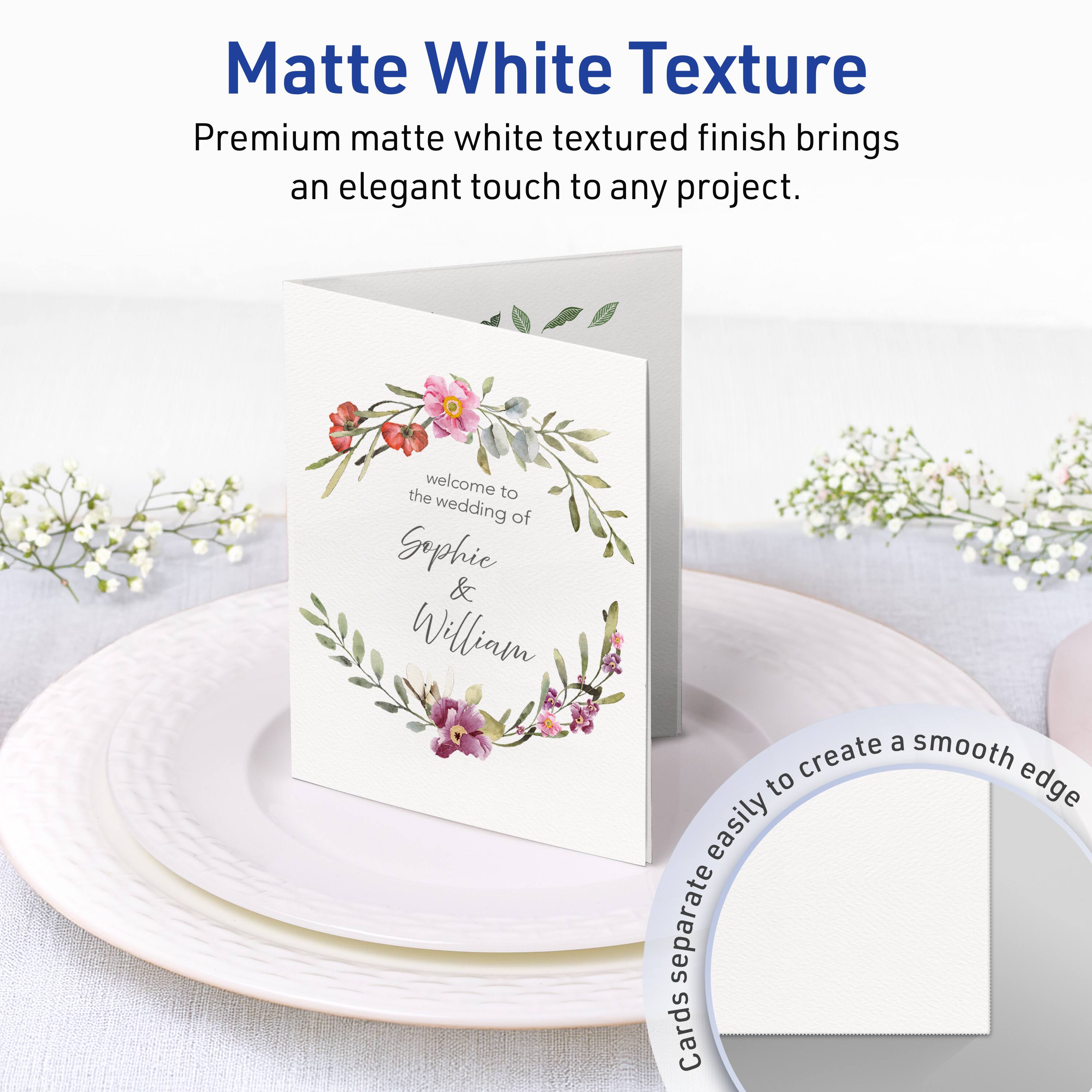 Matte White Texture

Premium matte white textured finish brings an elegant touch to any project.

Welcome to the wedding of Sephie & William

Cards separate easily to create a smooth edge