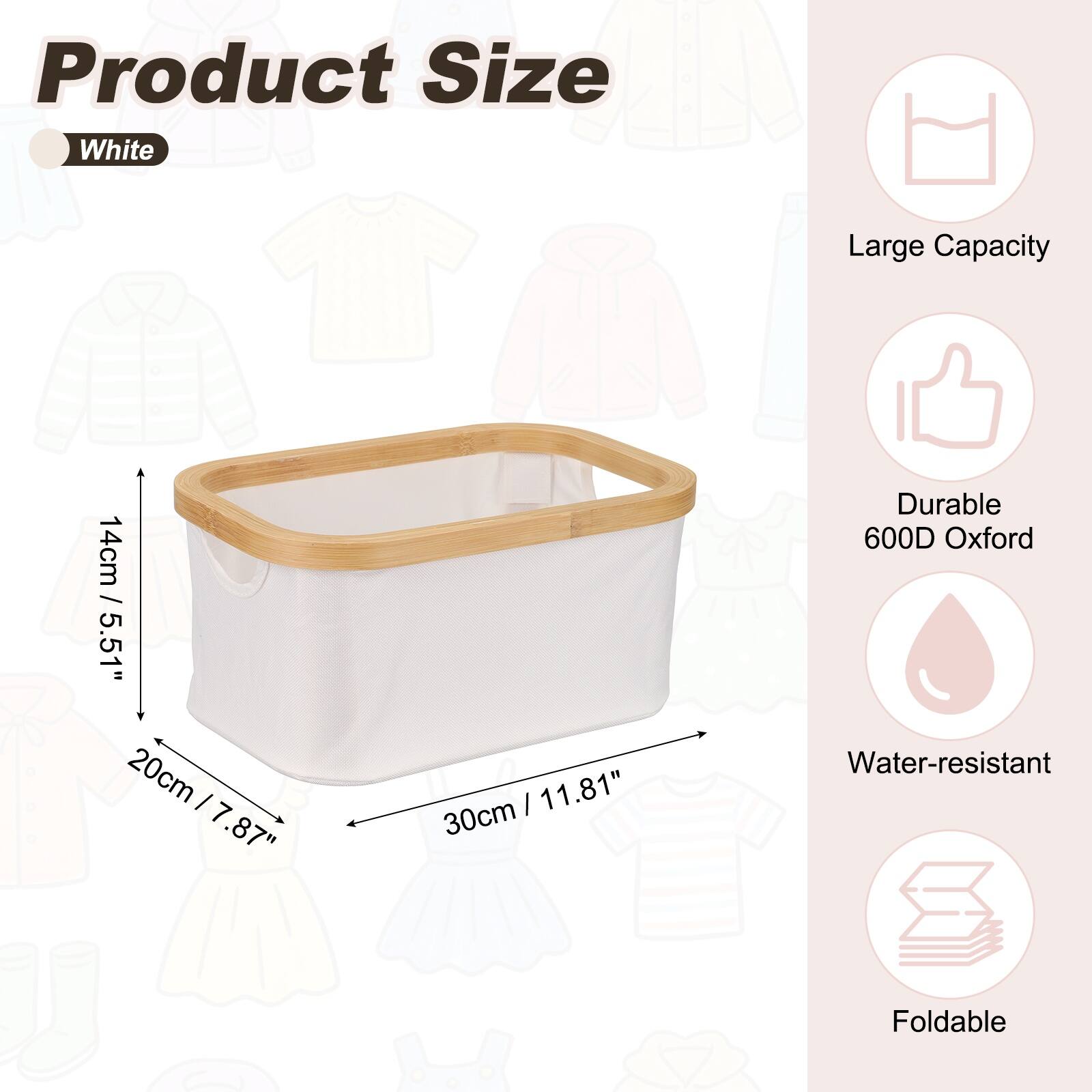 Product Size:  
White  
Large Capacity  
14cm / 5.51"  
20cm / 7.87"  
30cm / 11.81"  

Durable 600D Oxford  
Water-resistant  
Foldable