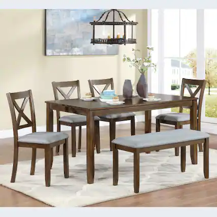 Front. LUCKY ONE - 6-Piece Dining Set with 58.5" Rectangular Dining Table, Bench and 4 X-shaped backrest Chairs - Walnut.