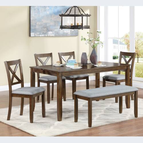Front. LUCKY ONE - 6-Piece Dining Set with 58.5" Rectangular Dining Table, Bench and 4 X-shaped backrest Chairs - Walnut.