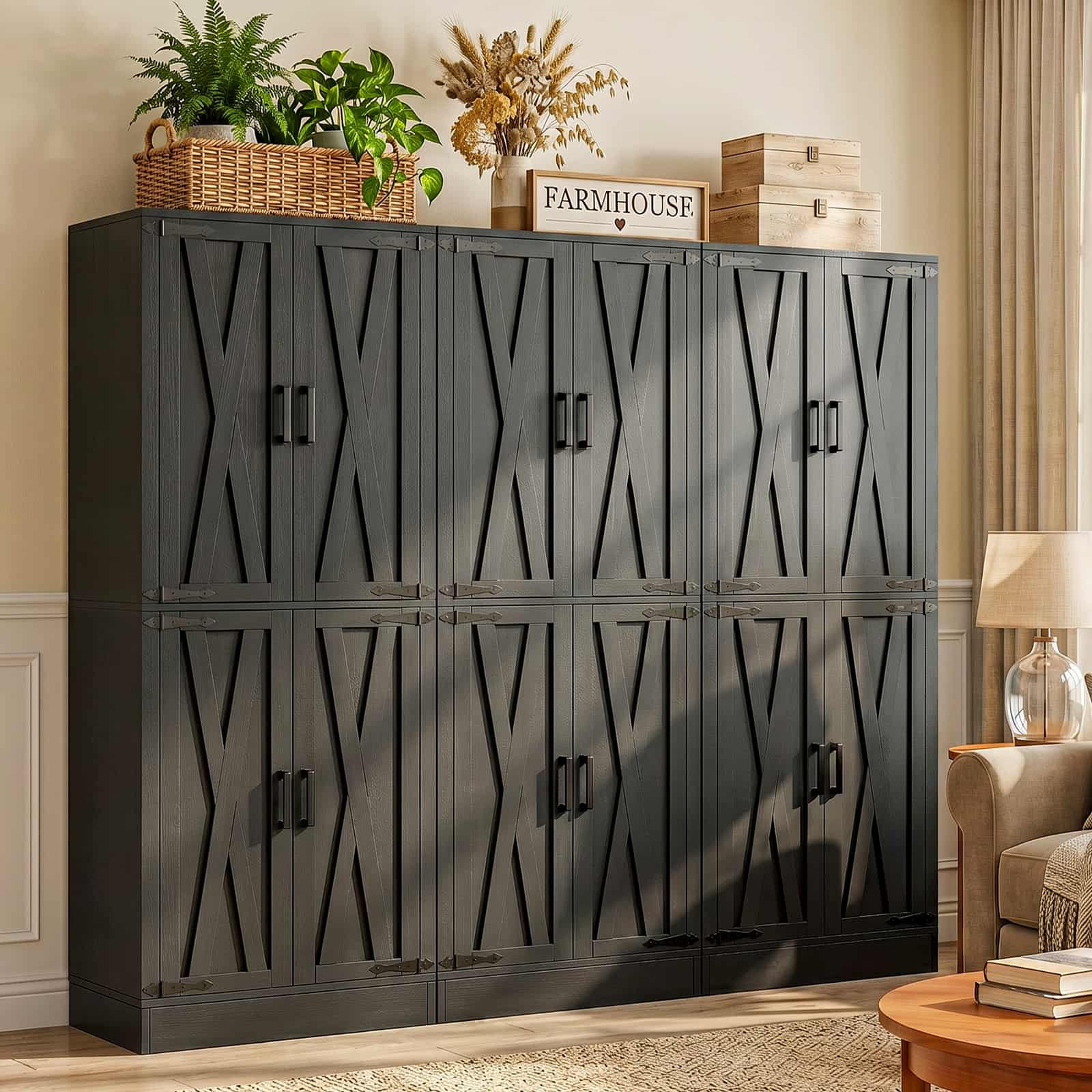 Alt View 2. Aheaplus - 71'' Tall 4 Door Farmhouse Pantry Cabinet with Drawer and Adjustable Shelves, 70.8'' Width Food Cupboard, 3 Packs - Black.