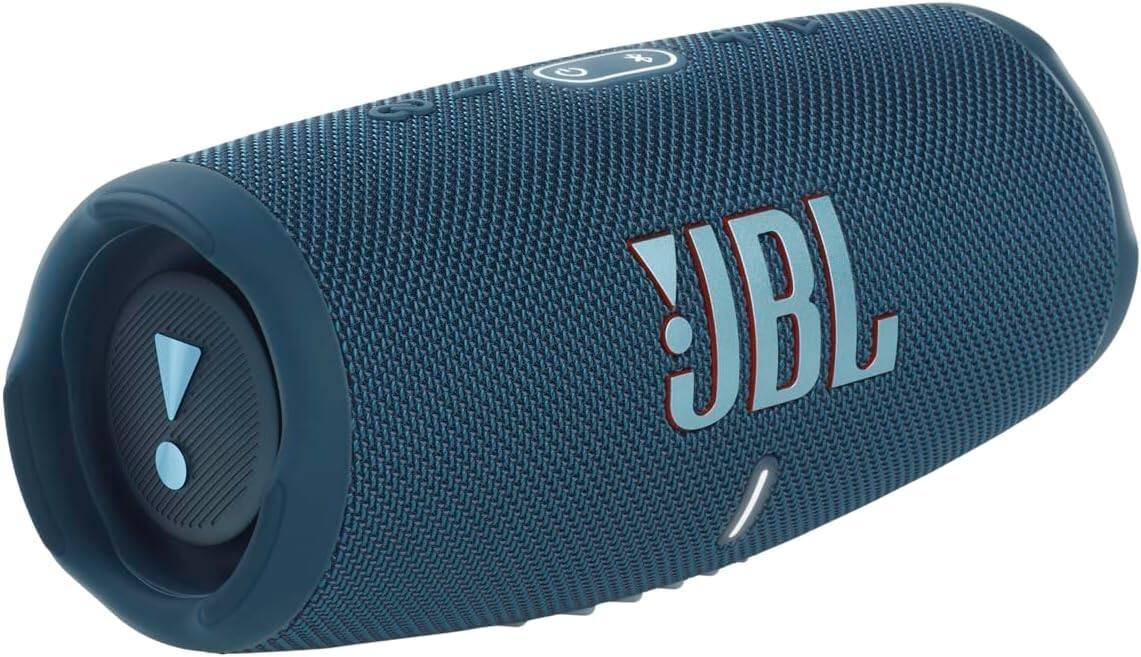 Angle. JBL - JBL Charge 5 Portable Waterproof Bluetooth Speaker with Winguard Travel Case (Blue) - Blue.