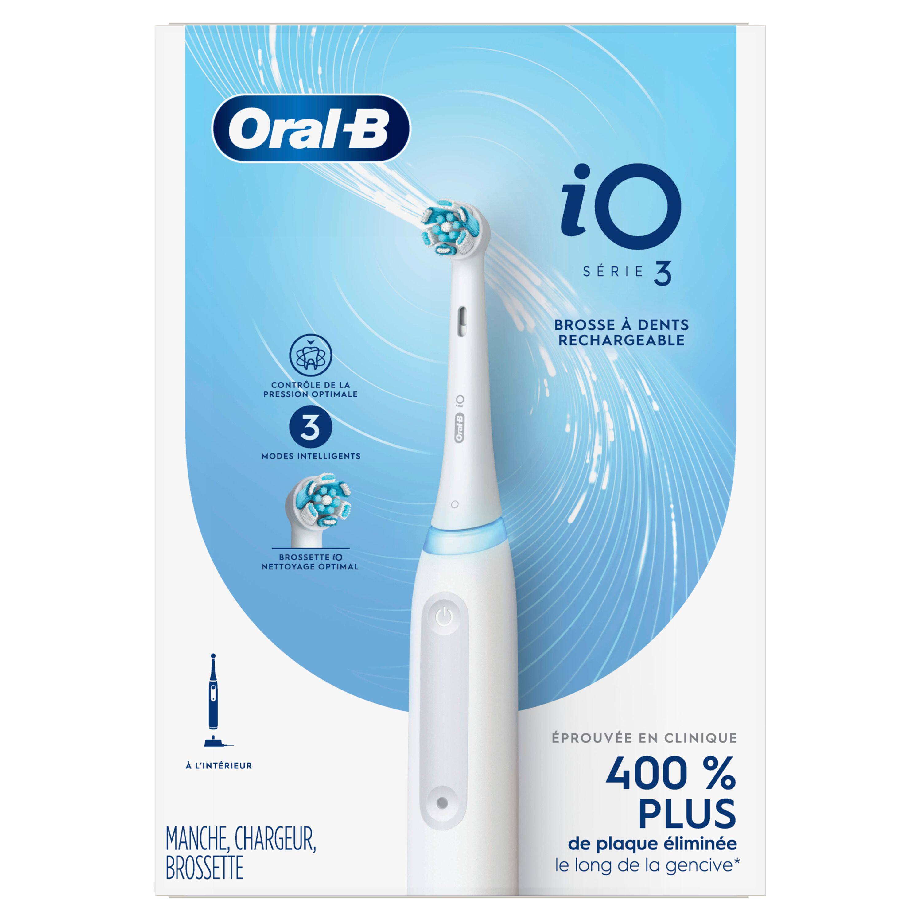 Oral-B iO Série 3  
Brosse à dents rechargeable  
Contrôle de la pression optimale  
3 modes intelligents  
Brosse iO  
Nettoyage optimal à l'intérieur  
Manche, chargeur, brosse  
Éprouvée en clinique  
400 % plus de plaque éliminée le long de la gencive*