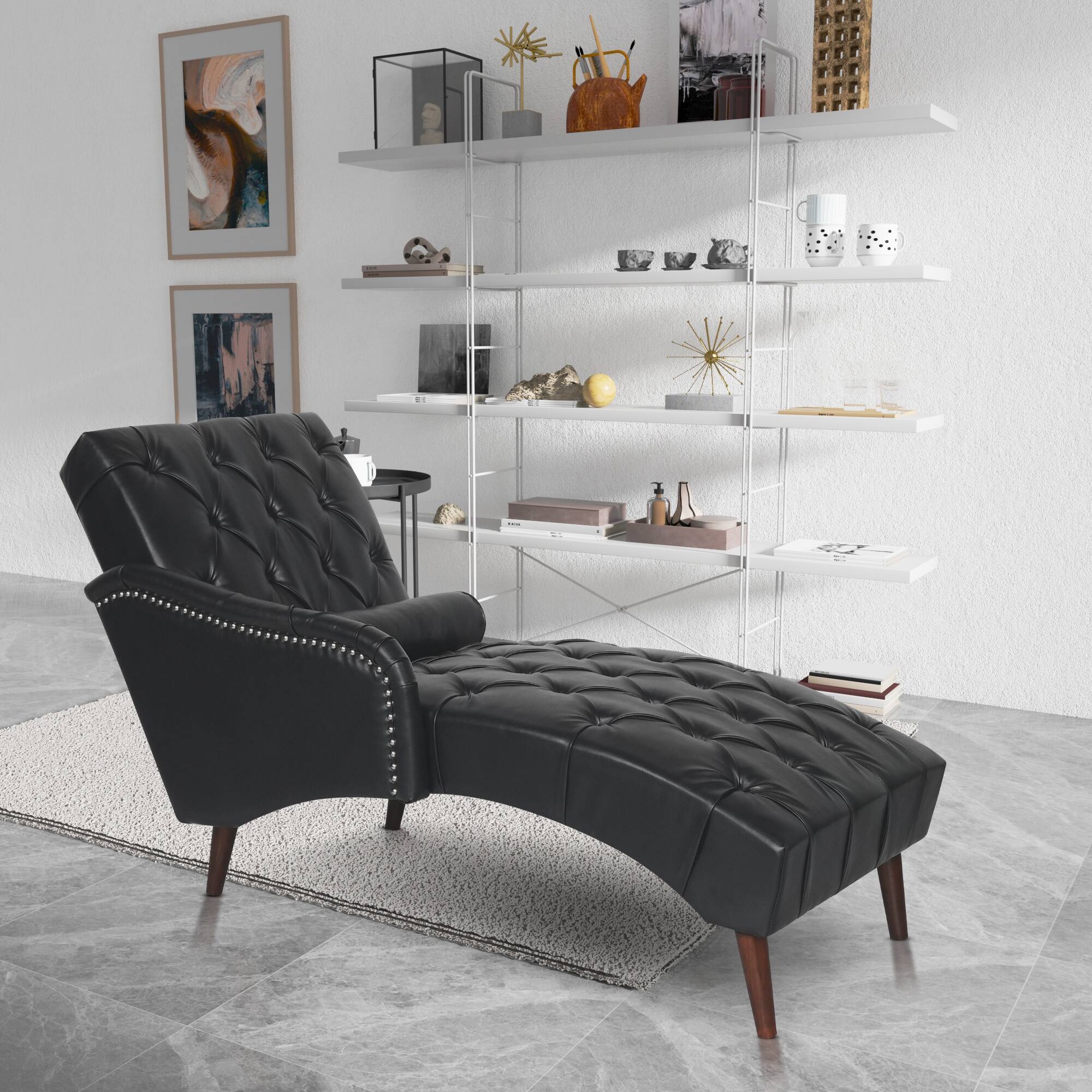 Angle. Boyel Living - Mid-Century Modern Faux Leather Tufted Chaise Lounge with Pillow - Black.