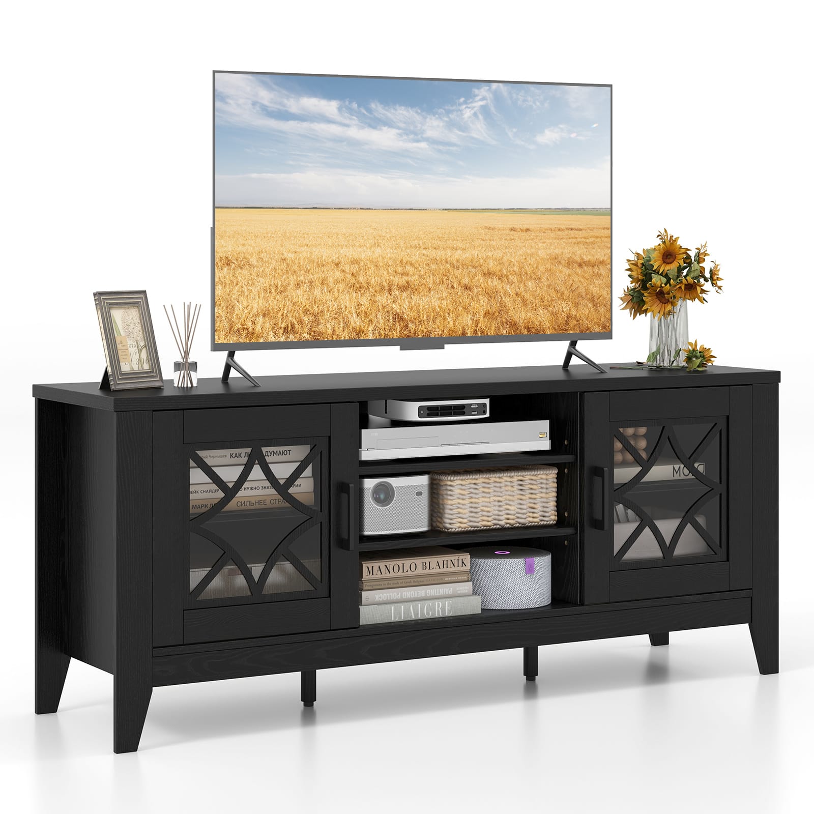 Ecooso - Farmhouse TV Stand for TVs up to 65 Inch with 4 Adjustable Shelves - Black