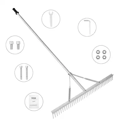 Front. VEVOR - Landscape Rake, 36" Head Aluminum Landscape Rake, Lake Weed Rake with 75" Long Handle, for Loosening Soil, Lawn Care - Silver.