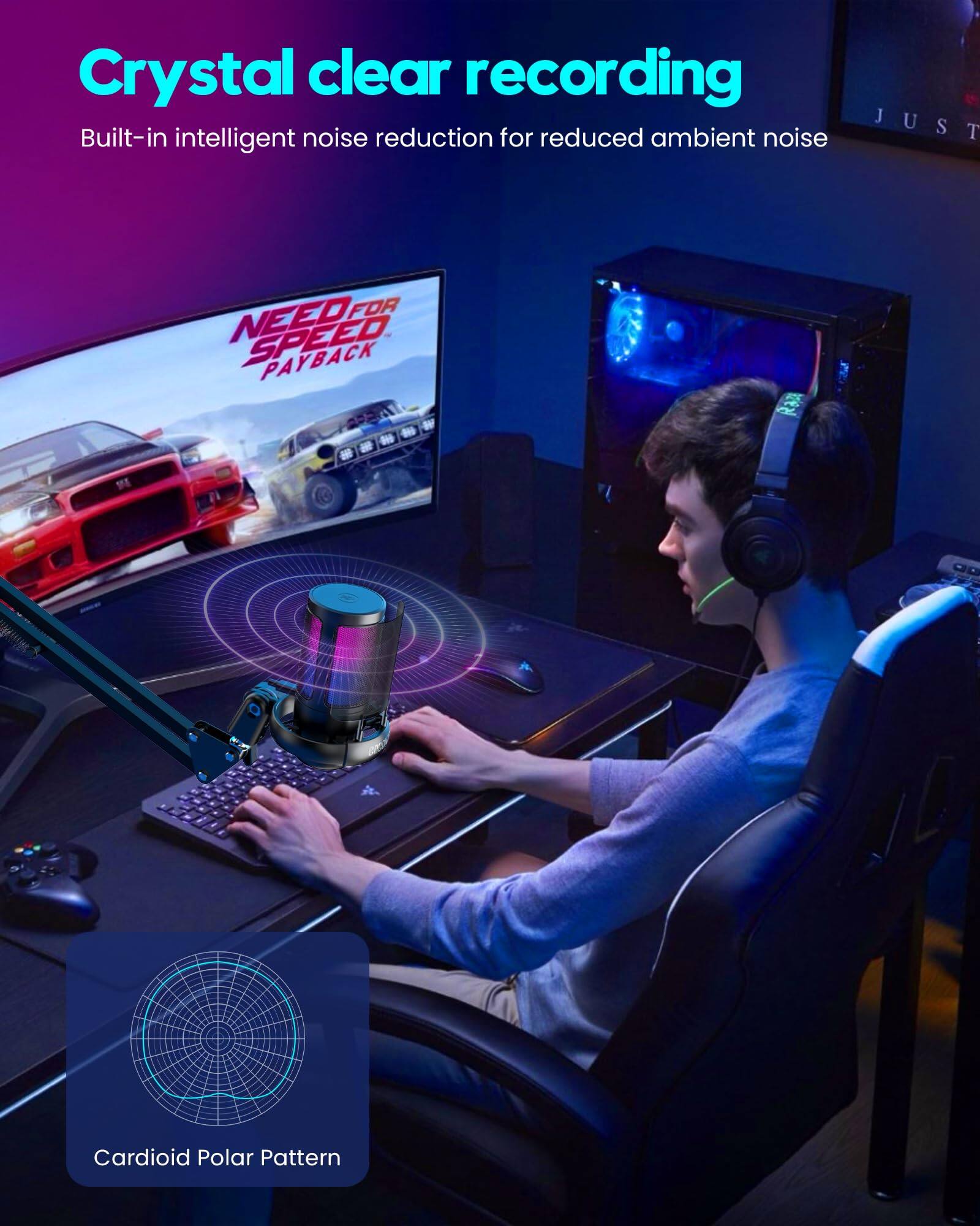 Crystal clear recording  
Built-in intelligent noise reduction for reduced ambient noise  

Cardioid Polar Pattern