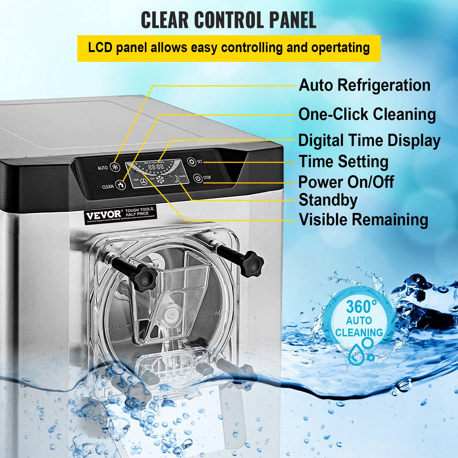 CLEAR CONTROL PANEL  
LCD panel allows easy controlling and operating

- Auto Refrigeration
- One-Click Cleaning
- Digital Time Display
- Time Setting
- Power On/Off
- Standby
- Visible Remaining

360° AUTO CLEANING