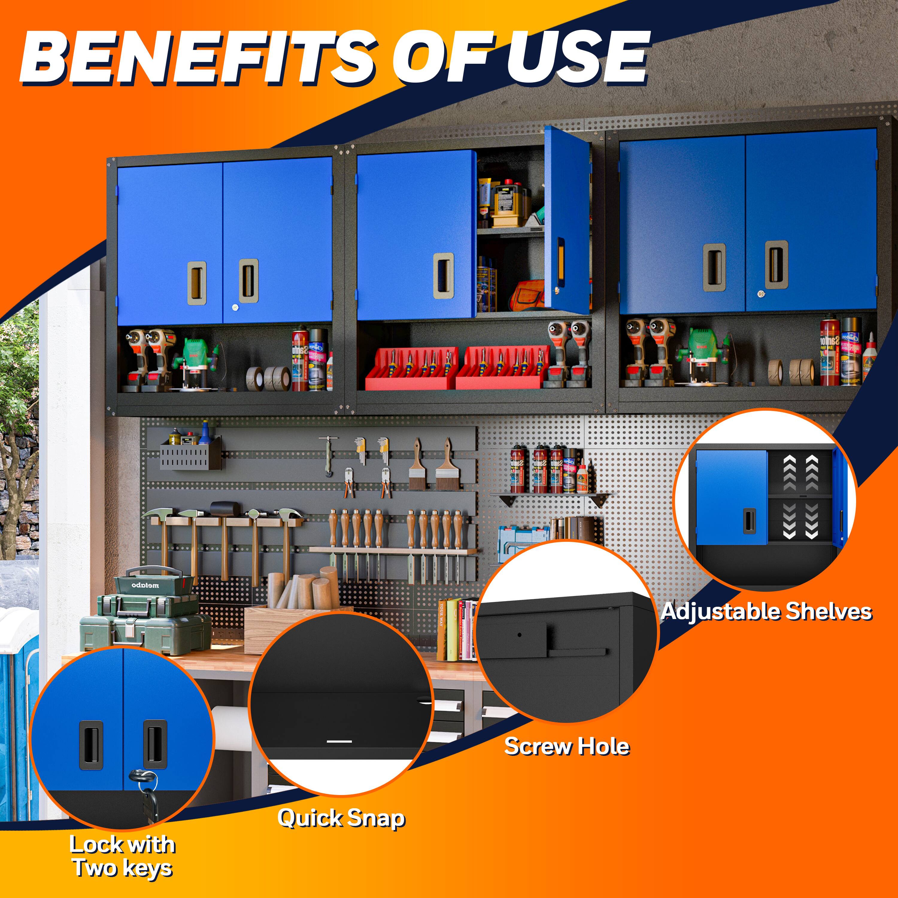 BENEFITS OF USE

- Adjustable Shelves
- Screw Hole
- Quick Snap
- Lock with Two keys