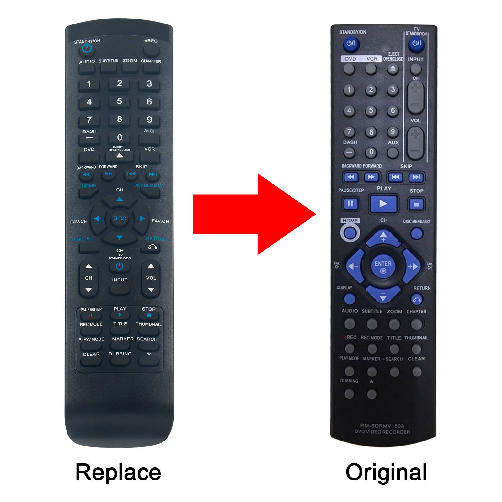 **Replace**

STANDBY/ON  
AUDIO SUBTITLE ZOOM CHAPTER  
1 2 3  
4 5 6  
7 8 9  
DASH 0 AUX  
DVD VCR  
EJECT OPEN/ CLOSE  
BACKWARD FORWARD SKIP  
HOME DISC MENU LIST  
FAV CH ENTER FAV CH  
DISPLAY CH INPUT VOL  
RETURN PAUSE/STEP PLAY STOP  
REC MODE TITLE THUMBNAIL  
PLAY/MODE MARKER-SEARCH  
CLEAR DUBBING  
RM-SORMV150A DVD VIDEO RECORDER  

**Original**

STANDBY/ON  
TV/1  
DVD VCR EJECT OPEN/CLOSE  
1 2 3  
4 5 6  
7 8 9  
DASH 0 AUX  
BACKWARD FORWARD SKIP  
PAUSE/STEP PLAY STOP  
HOME CH DISC MENU LIST  
FAV CH ENTER FAV CH  
DISPLAY CH INPUT VOL  
RETURN  
AUDIO SUBTITLE ZOOM CHAPTER  
REC REC MODE TITLE THUMBNAIL  
PLAY/MODE MARKER-SEARCH CLEAR  
DUBBING  
RM-SORMV150A DVD VIDEO RECORDER