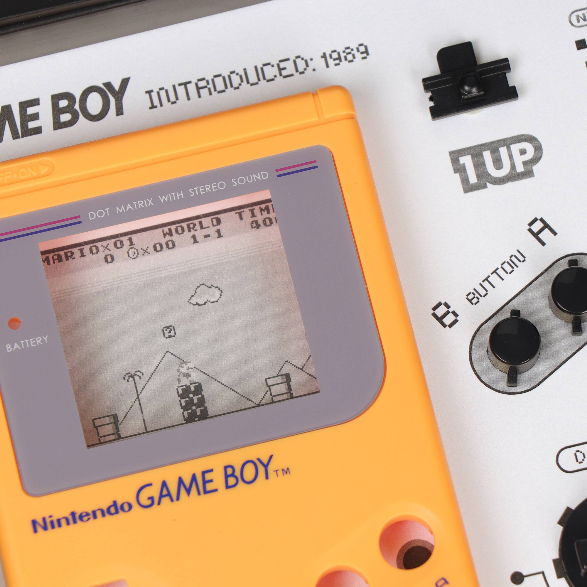 1989  
GAME BOY  
INTRODUCED: 1989  

DOT MATRIX WITH STEREO SOUND  
MARIOX01 WORLD 1-1 40  
0 0x00 1-1  

BATTERY  

Nintendo GAME BOY™  

1UP  
BUTTON A  
BUTTON B