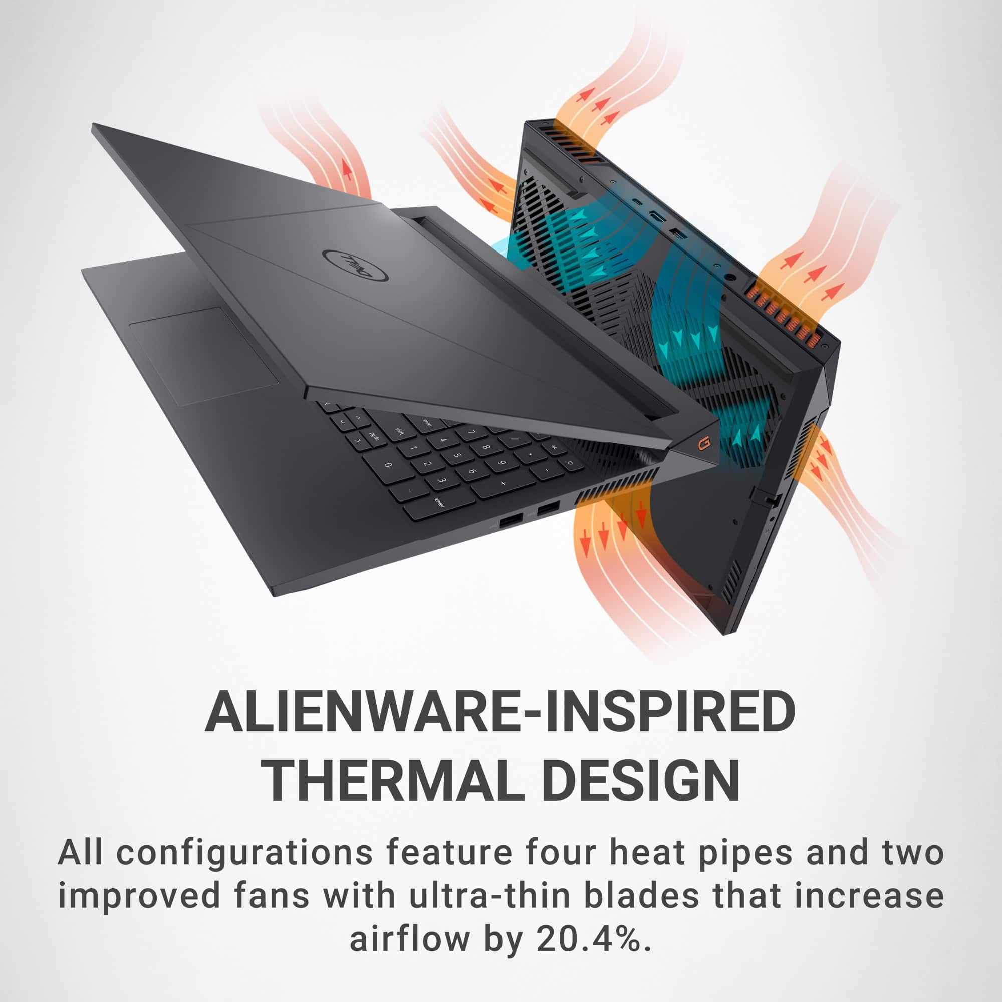 Alienware-Inspired Thermal Design: All configurations feature four heat pipes and two improved fans with ultra-thin blades that increase airflow by 20.4%.
