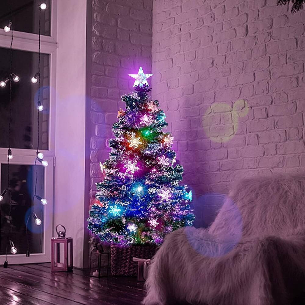 Back. RTMB - 3 FT Artificial Christmas Tree, Pre-Lit Fiber Optic Tree with Multicolor LED Lights and Top Star - Green.