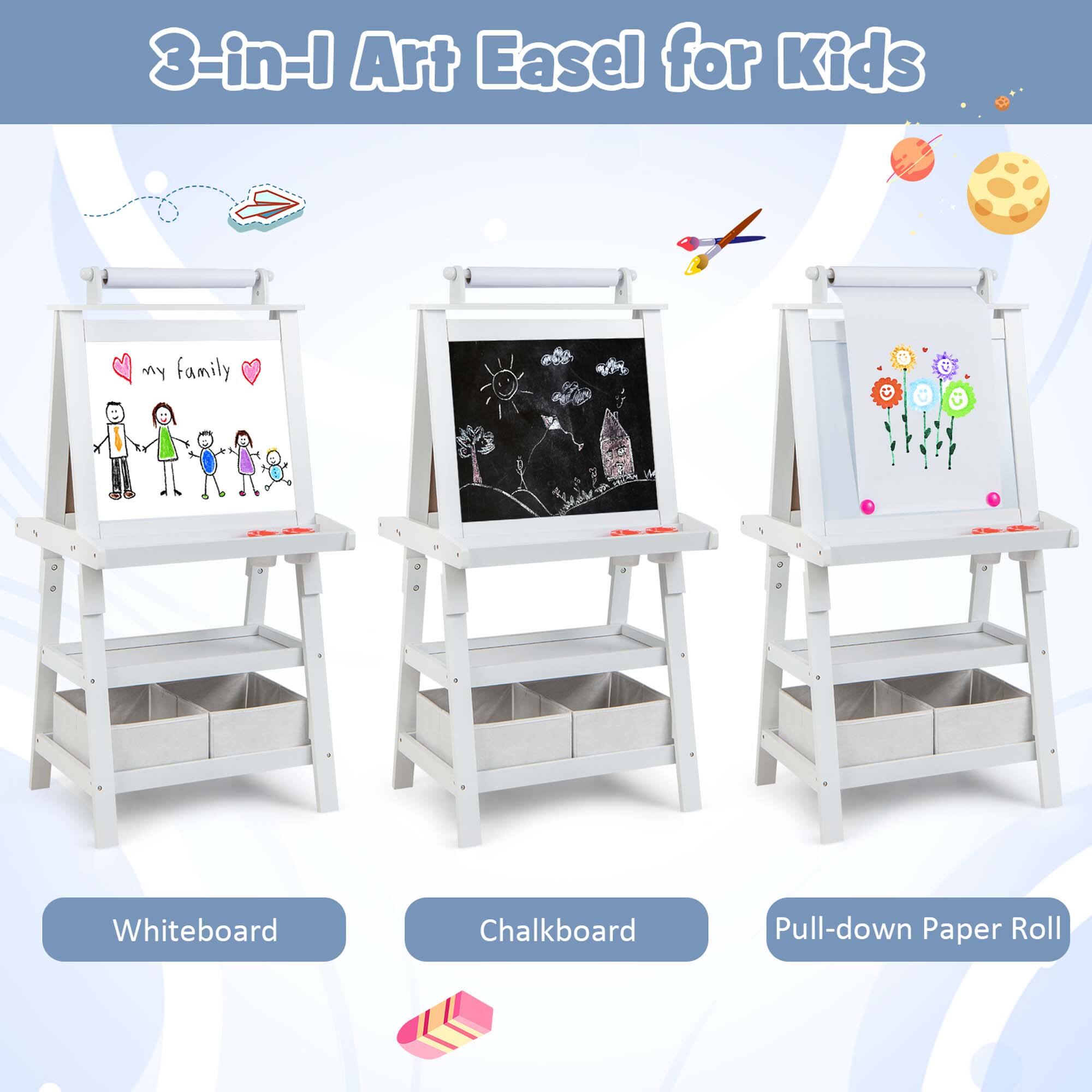 3-in-1 Art Easel for Kids: Whiteboard, Chalkboard, Pull-down Paper Roll