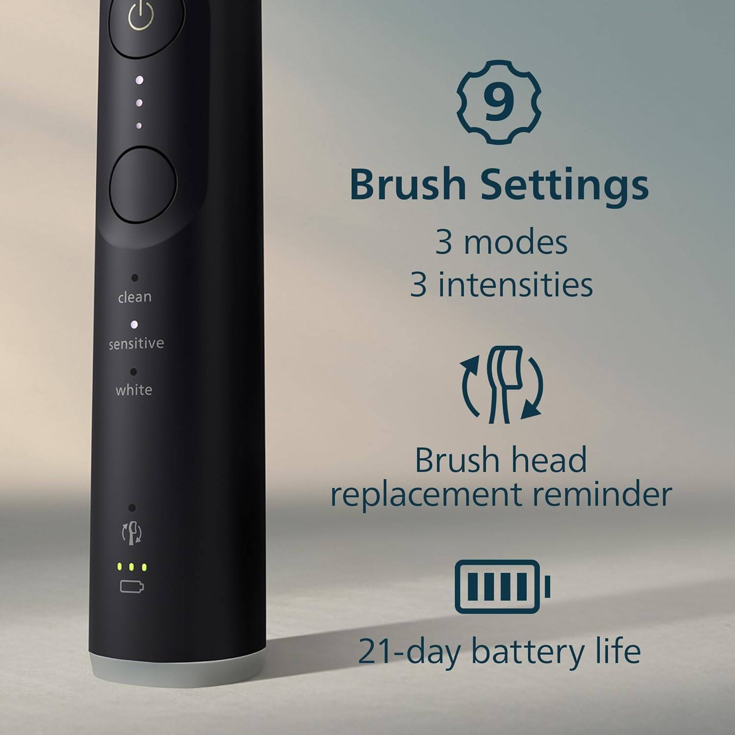 - clean
- sensitive
- white

9 Brush Settings
3 modes
3 intensities

Brush head replacement reminder

21-day battery life