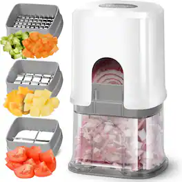 PARKER SLATER - Multifunctional Vegetable Chopper – 3 Interchangeable Blades, Potato & French Fry Cutter with Container & Storag - White