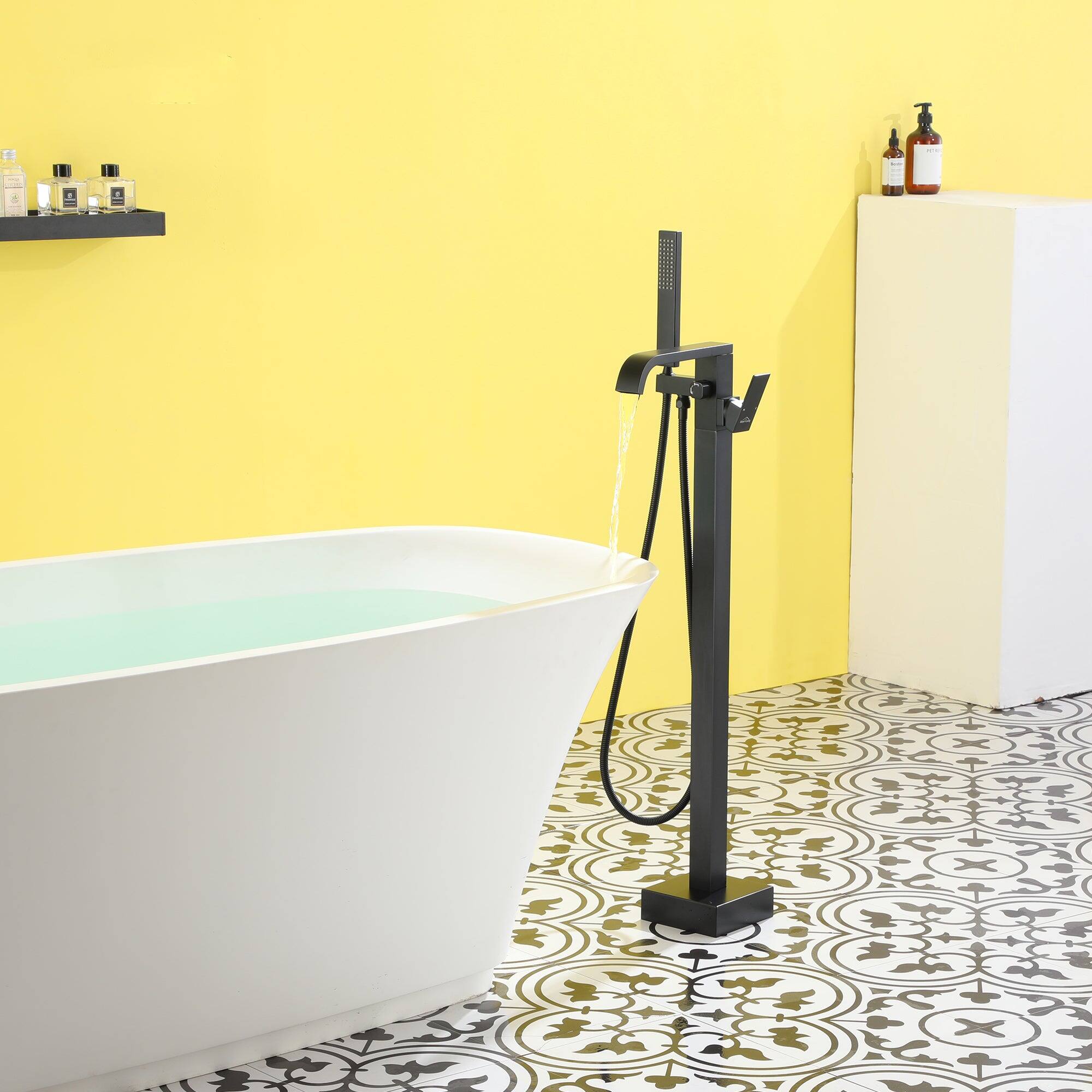 Alt View 4. Boyel Living - Freestanding Floor Mount Single Handle Bath Tub Filler Faucet with Handheld Shower in Matte Black - Matte Black.