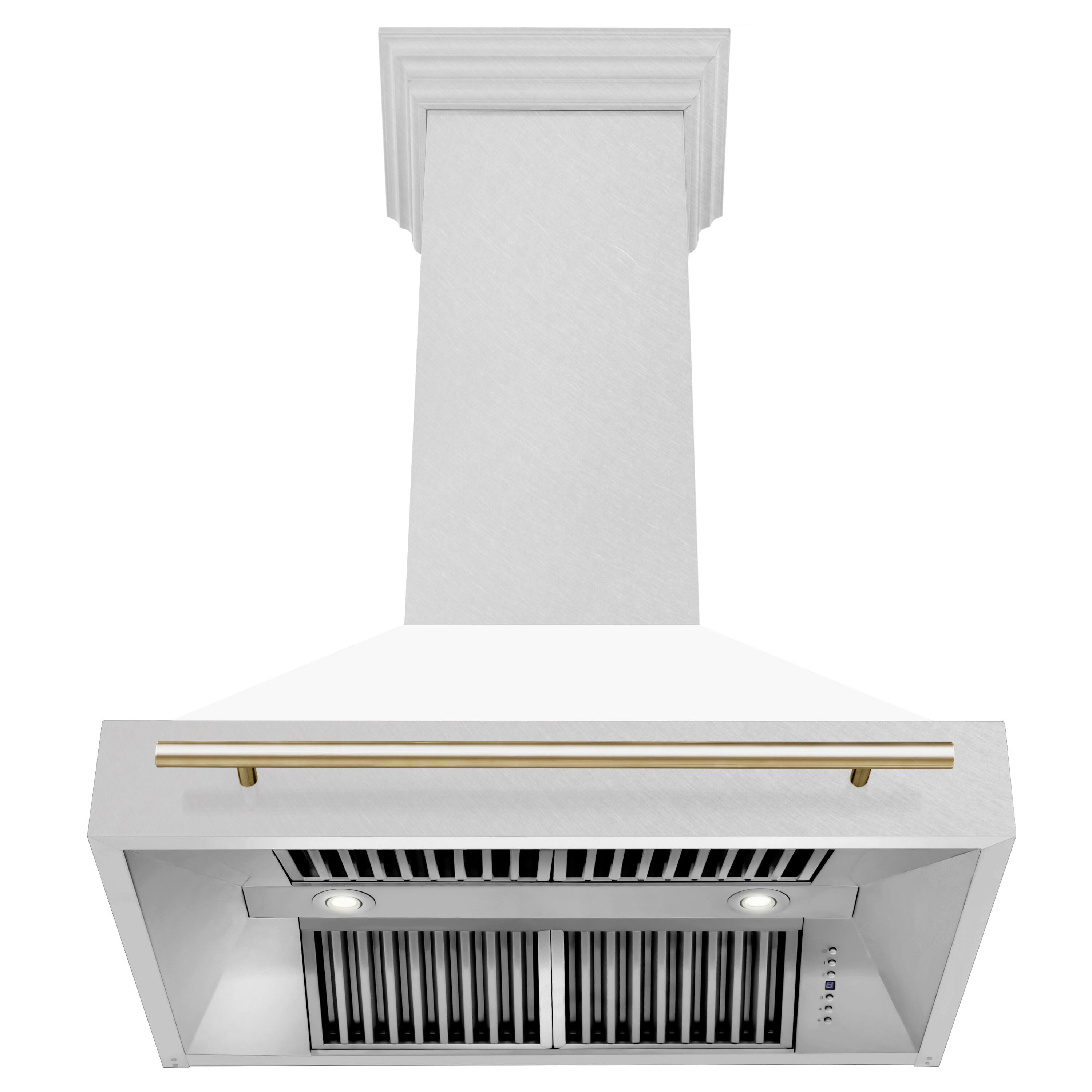 Back. ZLINE - ZLINE Autograph 36 in. Satin Stainless Steel Wall Mount Range Hood with White Matte Shell and Polished Gold Handle - Satin Stainless Steel with White Matte Shell.