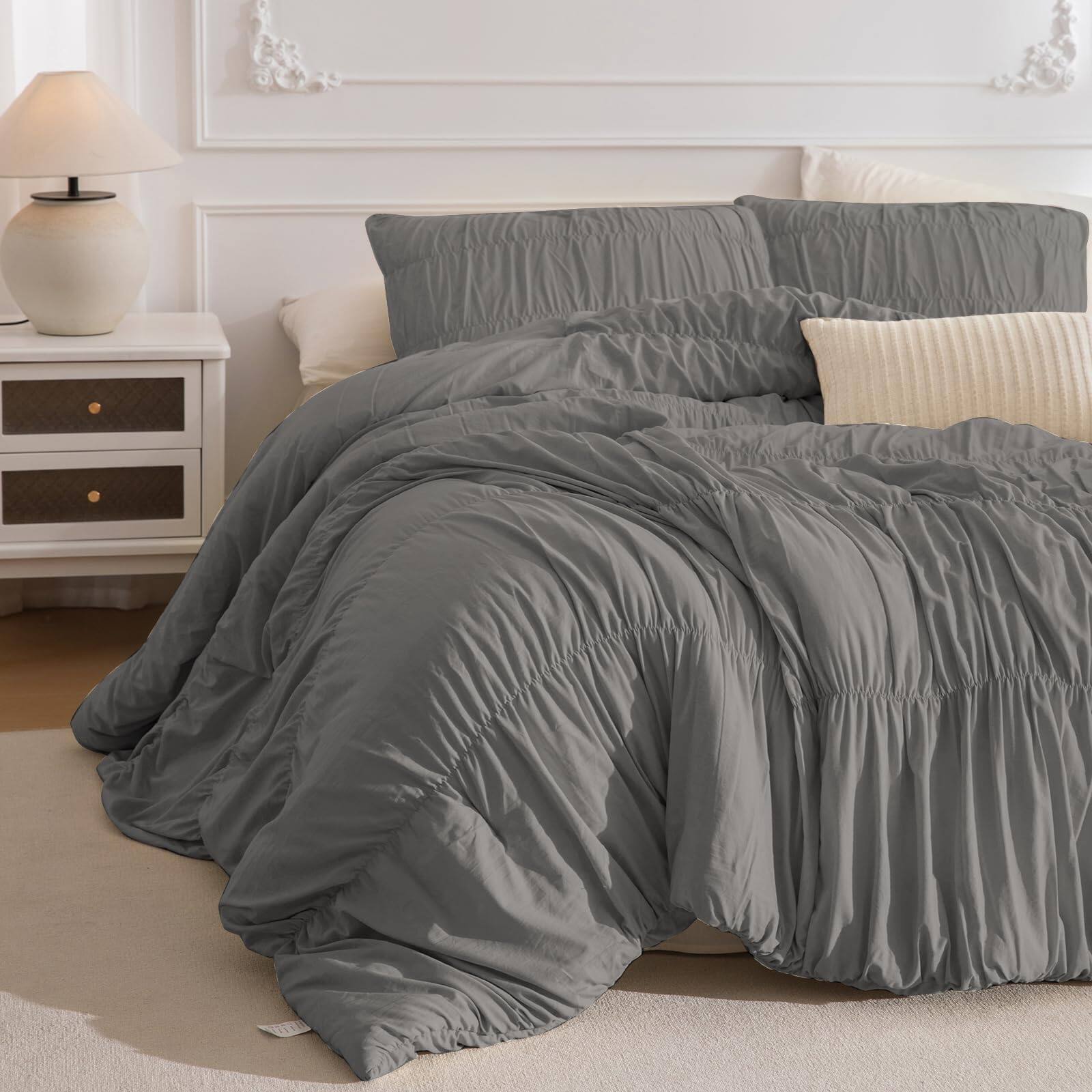 Front. Dapper Styles - Oversized King Comforter Set 128x120 Ruched Ruffle Extra Bedding Shabby Boho Chic Farmhouse 1 Comforter2 Pi... - Grey-Oversized King 120X120.