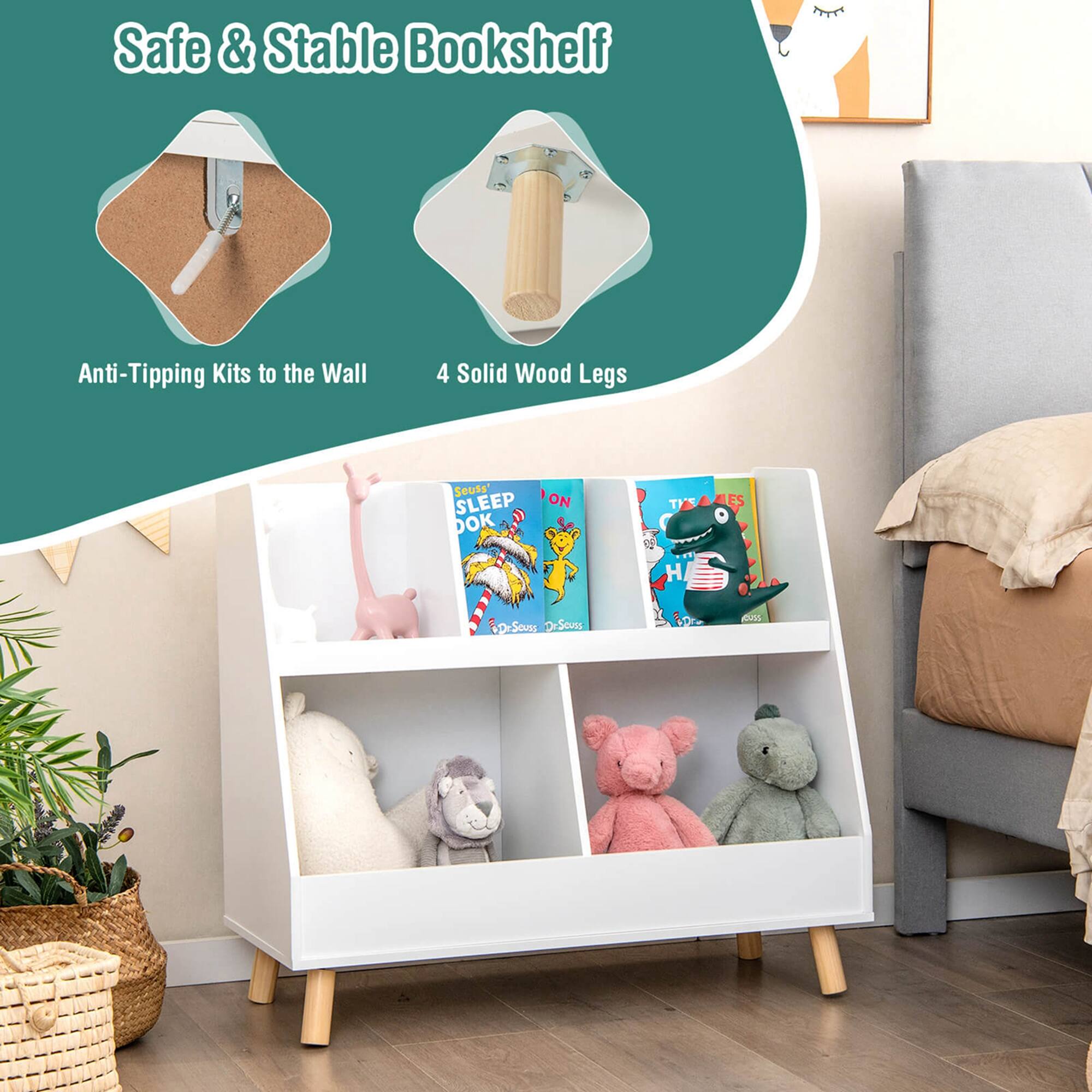Safe & Stable Bookshelf

Anti-Tipping Kits to the Wall

4 Solid Wood Legs