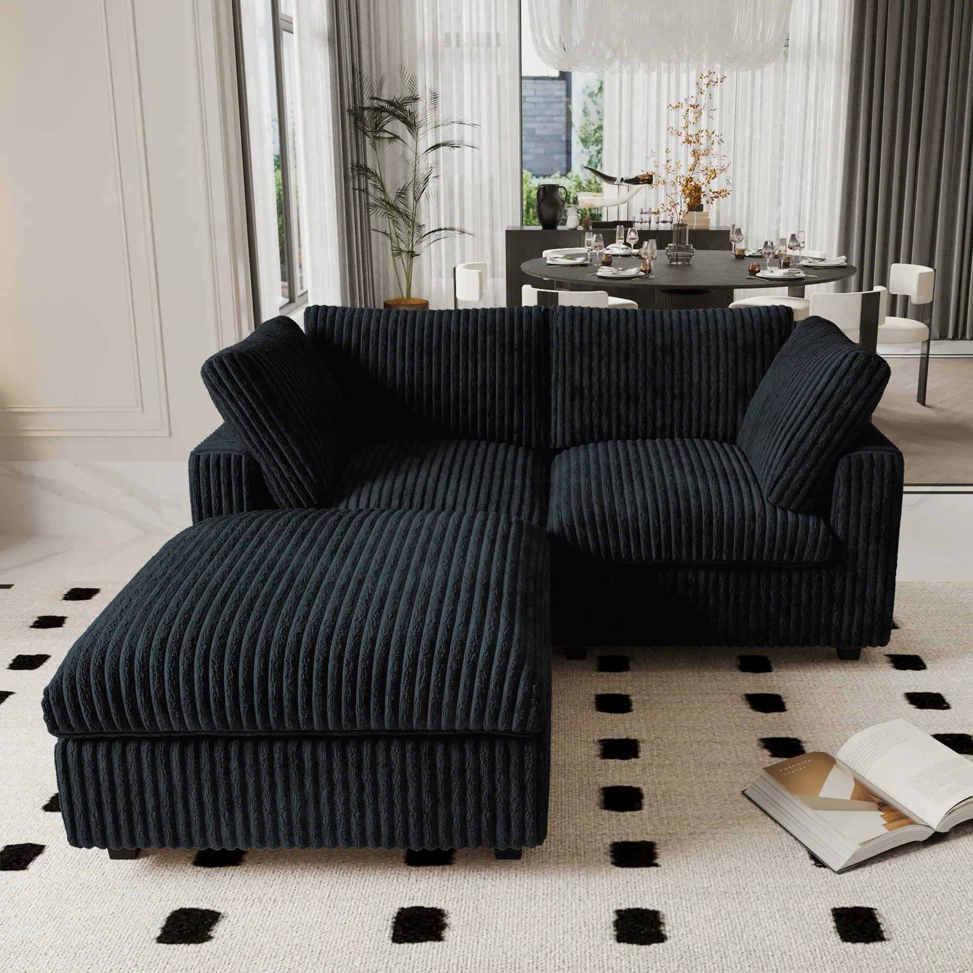 Alt View 7. Yardgrace - Deluxe Cloud 2-Seater Black Washable Chaise Sectional, Plush Fabric, Modular Design - Black.