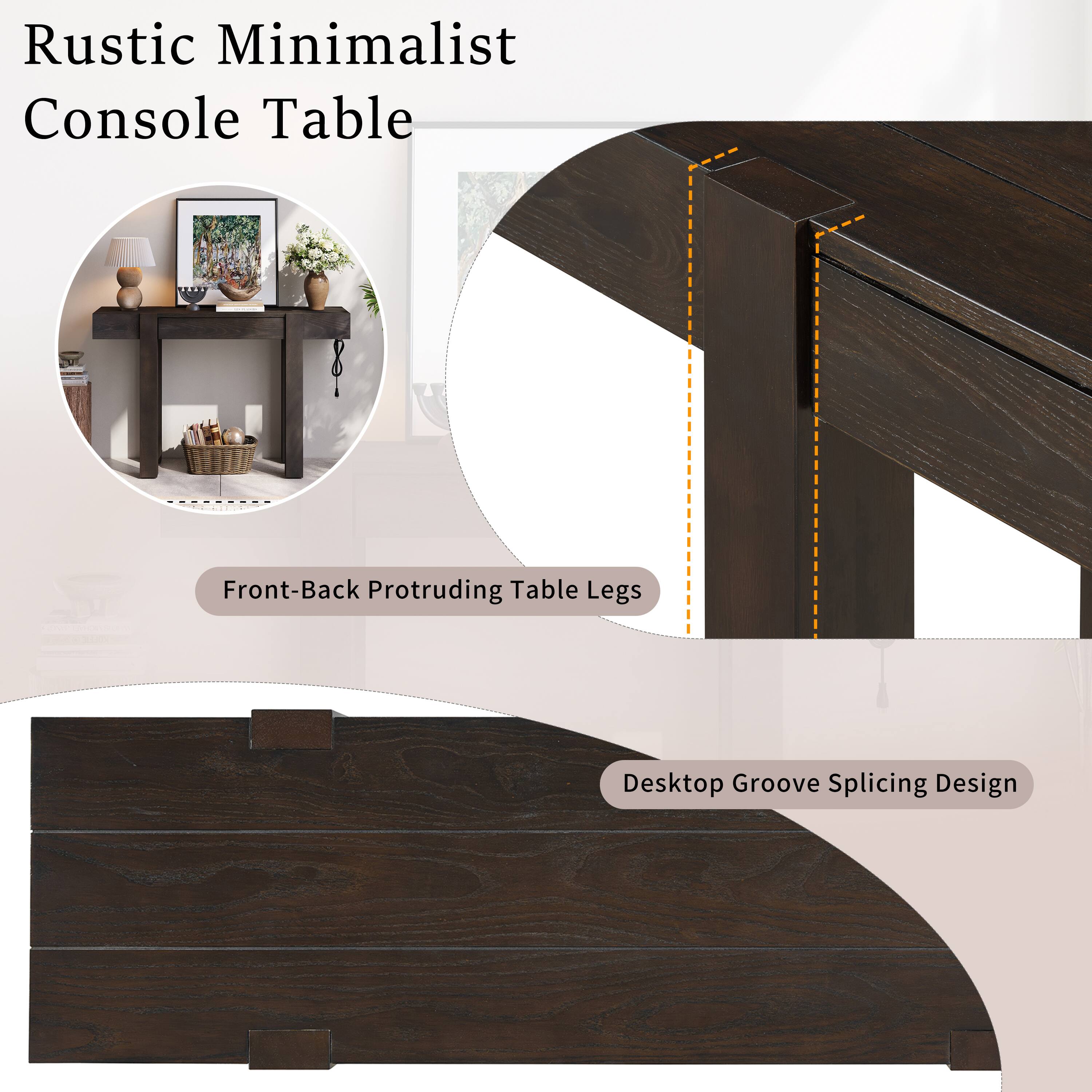 Rustic Minimalist Console Table  
Front-Back Protruding Table Legs  
Desktop Groove Splicing Design