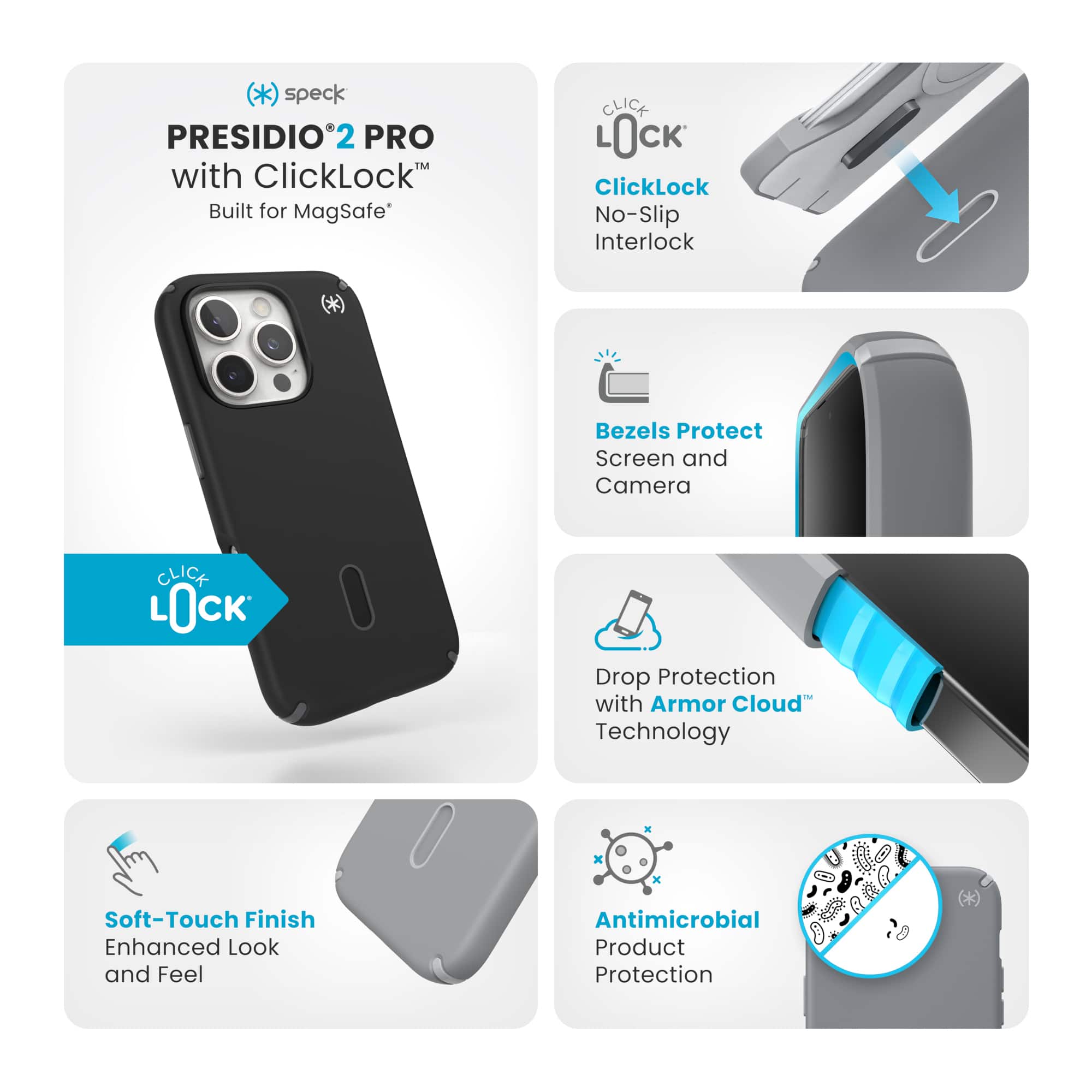 Presidio Pro with ClickLock - Built for MagSafe
* ClickLock No-Slip Interlock
* Bezels Protect Screen and Camera
* Drop Protection with Armor Cloud Technology
* Soft-Touch Finish Enhanced Look and Feel
* Antimicrobial Product Protection
The image features a cell phone case, specifically the Presidio Pro with ClickLock, which offers various features such as no-slip interlock, protection for the screen and camera, drop protection with Armor Cloud Technology, and an antimicrobial finish. The case is designed for MagSafe compatibility and has a soft-touch finish for an enhanced look and feel.