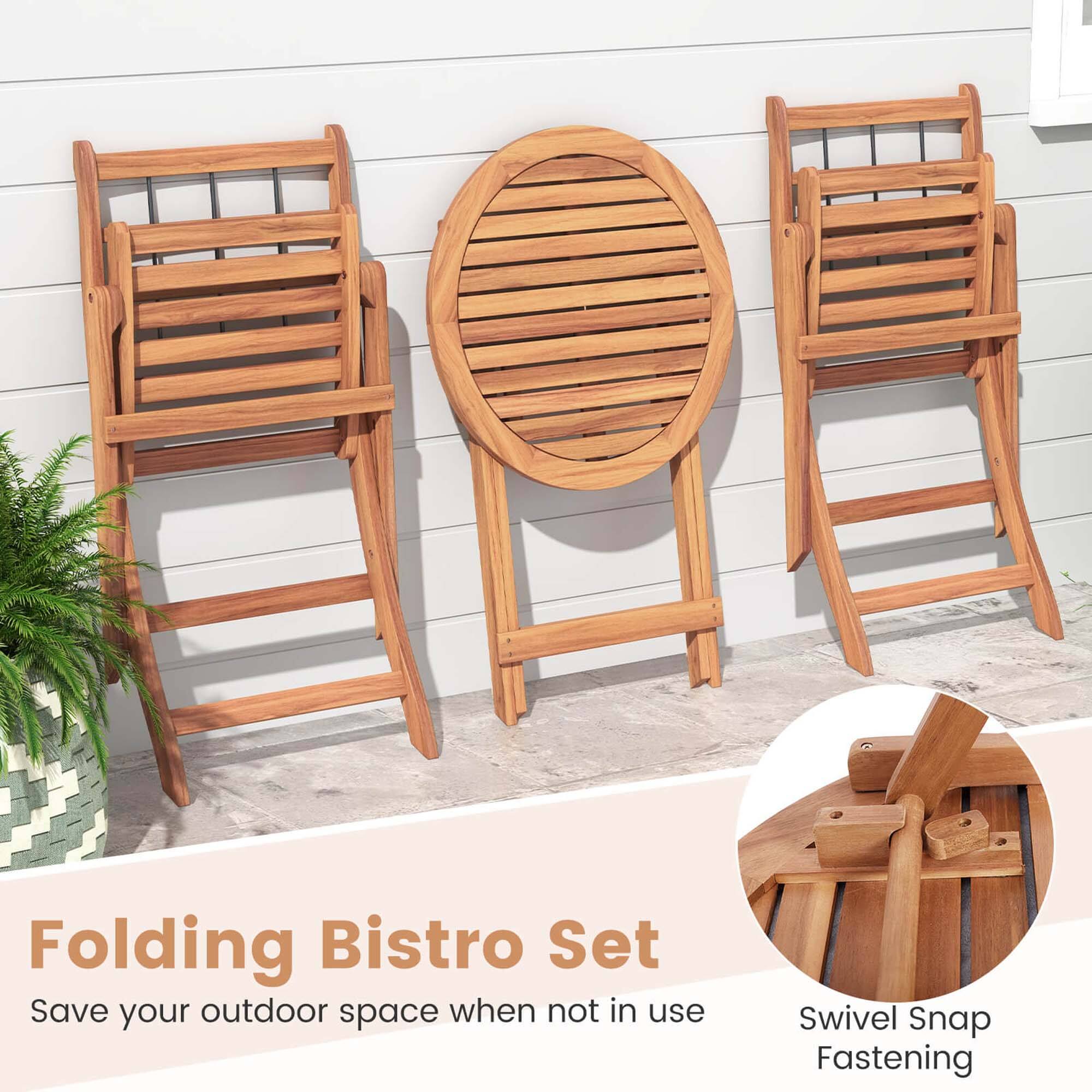 Folding Bistro Set  
Save your outdoor space when not in use  
Swivel Snap Fastening