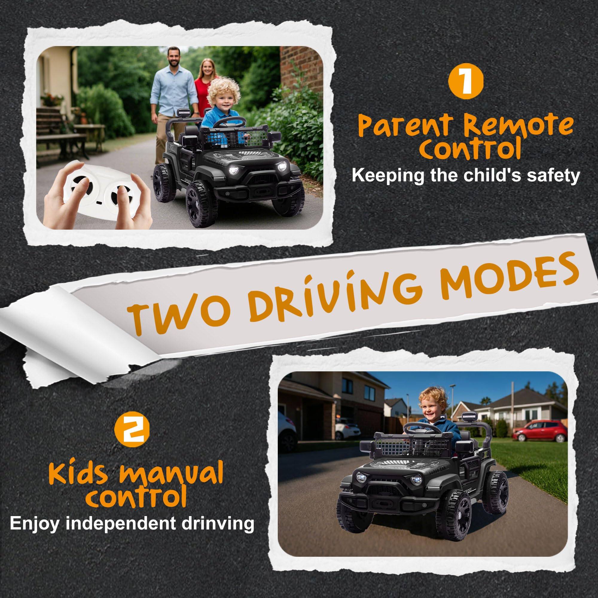 1. Parent Remote Control  
   Keeping the child's safety

2. Kids manual control  
   Enjoy independent driving

TWO DRIVING MODES