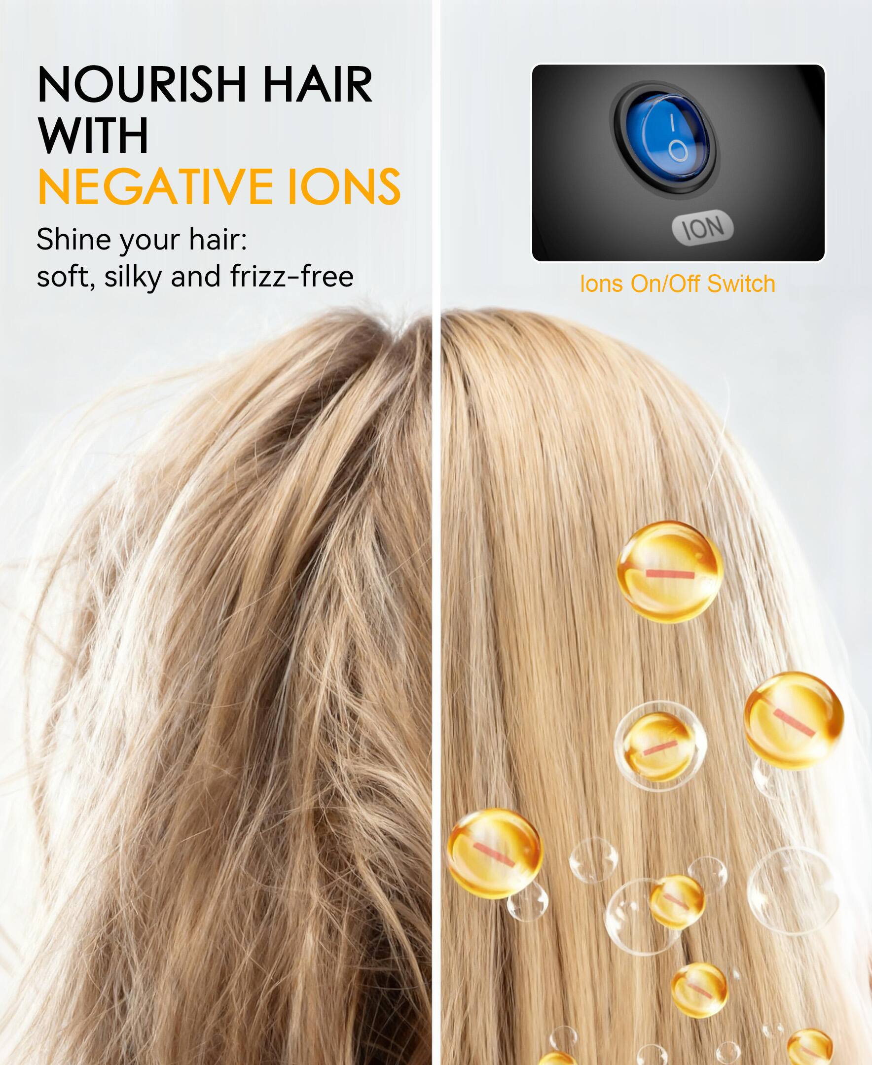 NOURISH HAIR WITH NEGATIVE IONS

Shine your hair: soft, silky and frizz-free

Ions On/Off Switch