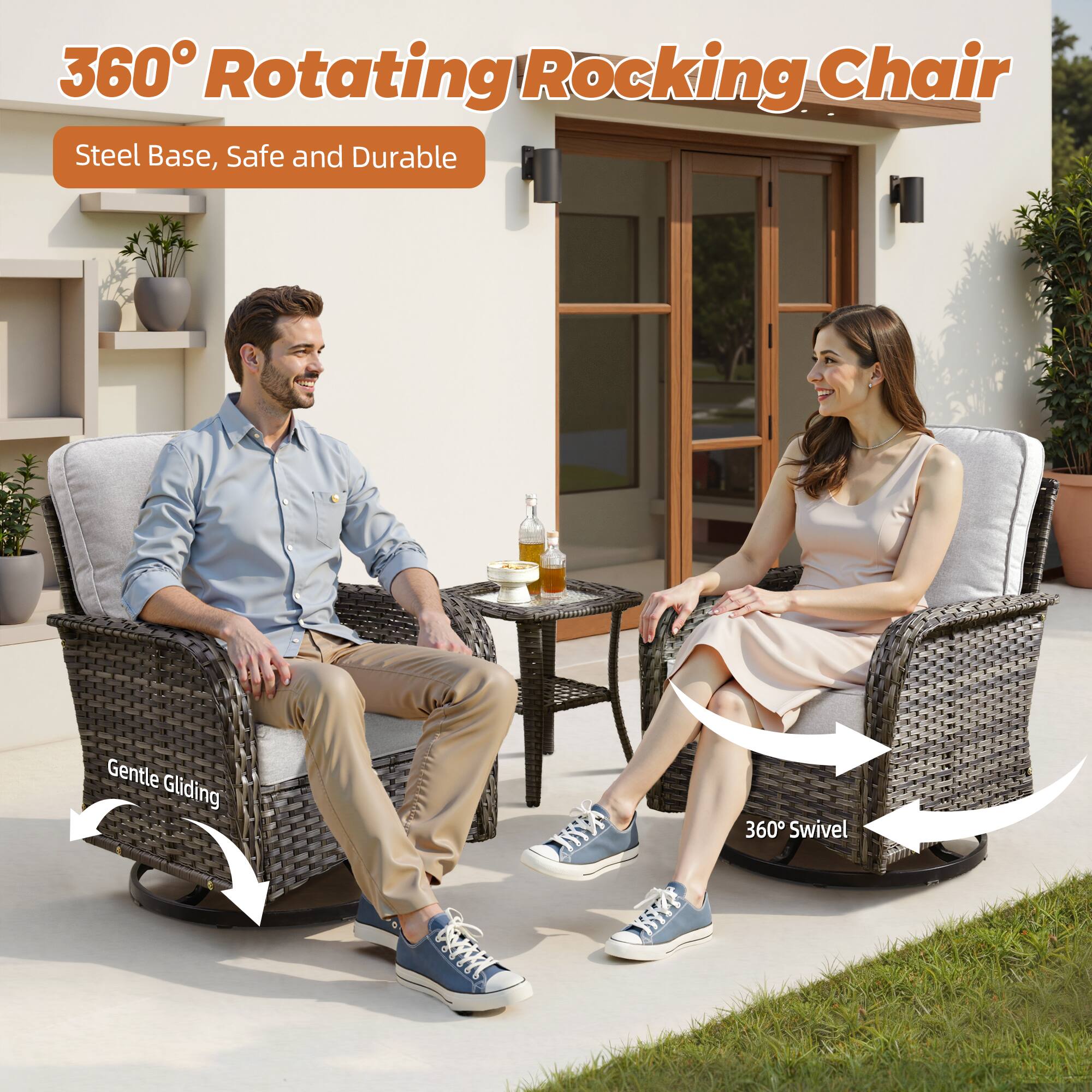 360° Rotating Rocking Chair  
Steel Base, Safe and Durable  

Gentle Gliding  
360° Swivel