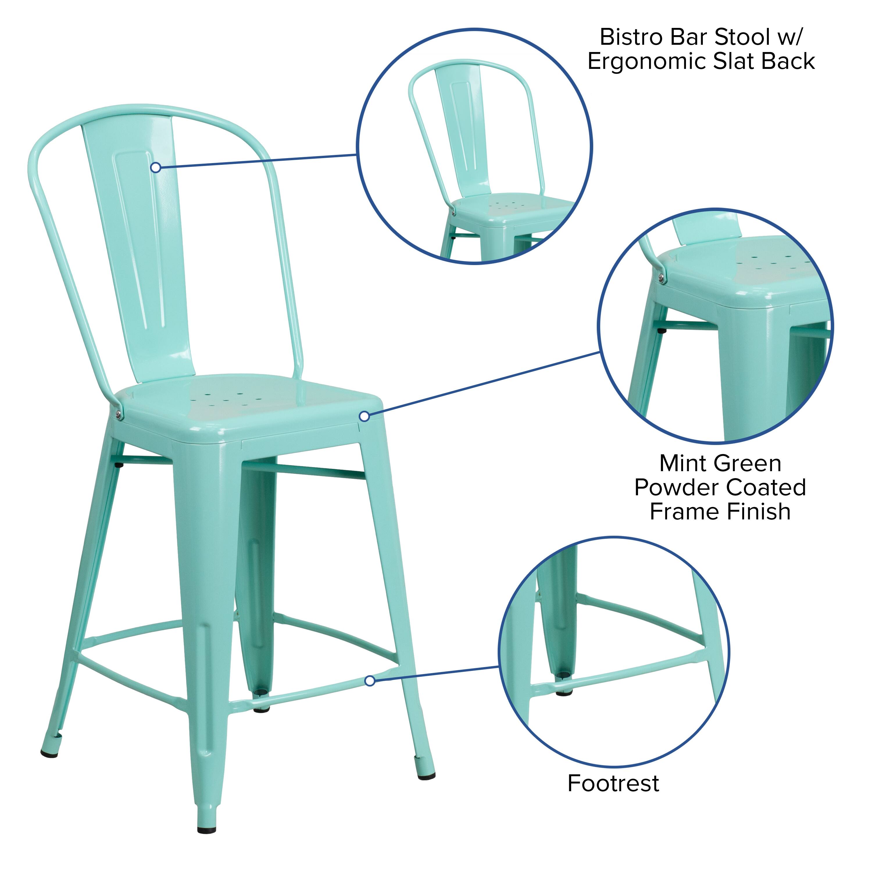 Bistro Bar Stool w/ Ergonomic Slat Back  
Mint Green Powder Coated Frame Finish  
Footrest